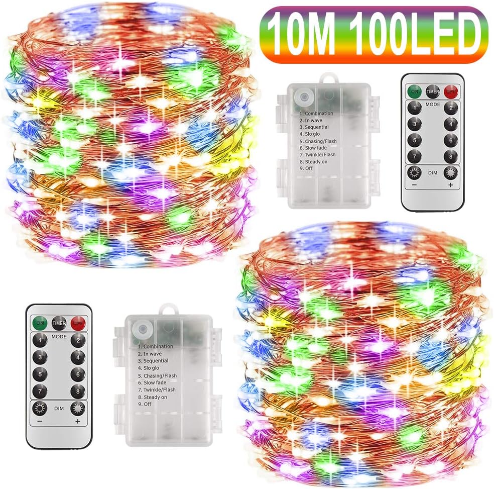 2 x 10m Girlanda LED zasilana bateriami, 100 diod LED, funkcja timera z pilotem, wodoodporna IP65, dekoracja wewnętrzna i zewnętrzna - Wielokolorowa