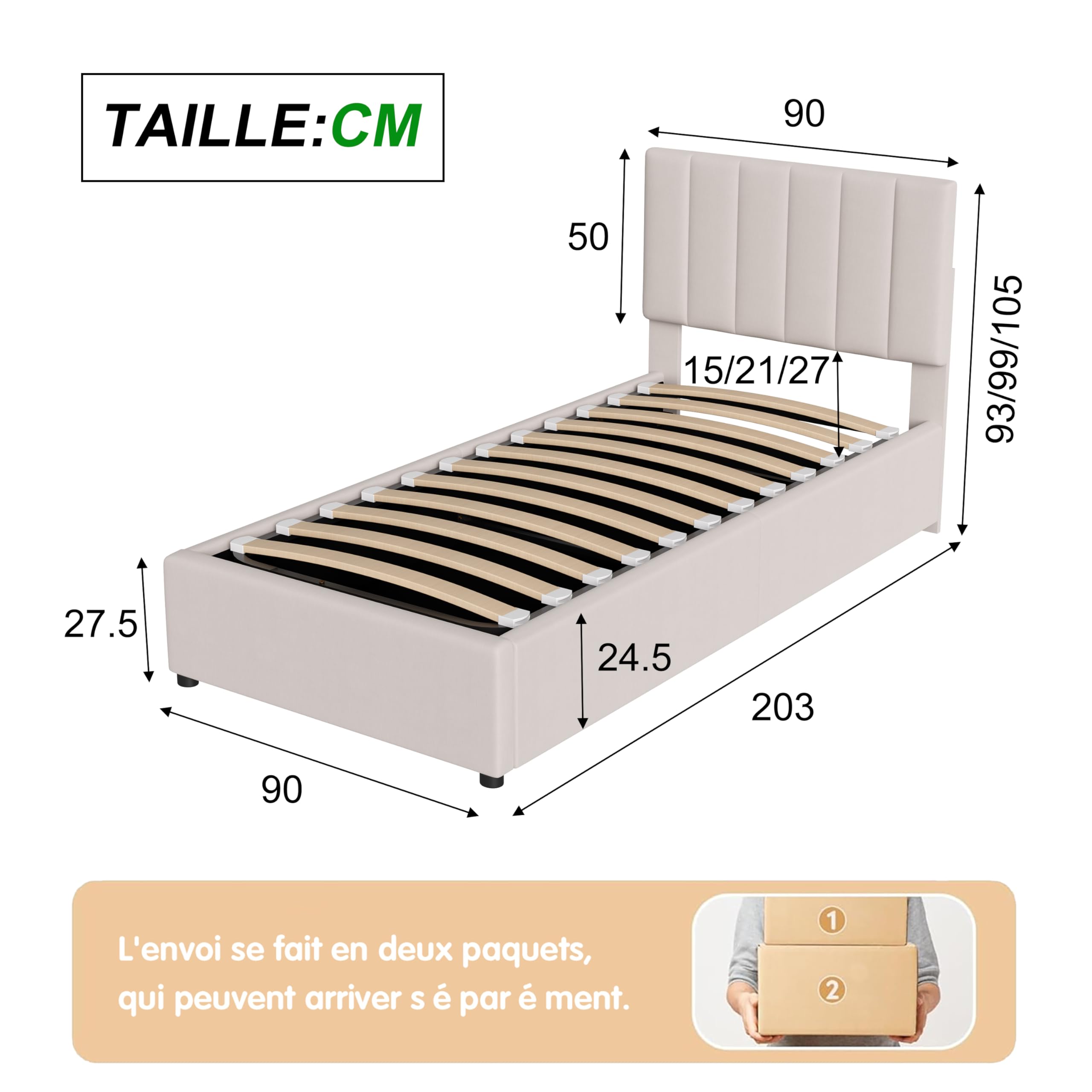 Lit Coffre 90x200 cm, Lit Capitonné Enfant avec Coffre de Rangement Hydraulique et Sommier à Lattes, Tête de Lit Réglable, Sans Matelas, Beige - 2