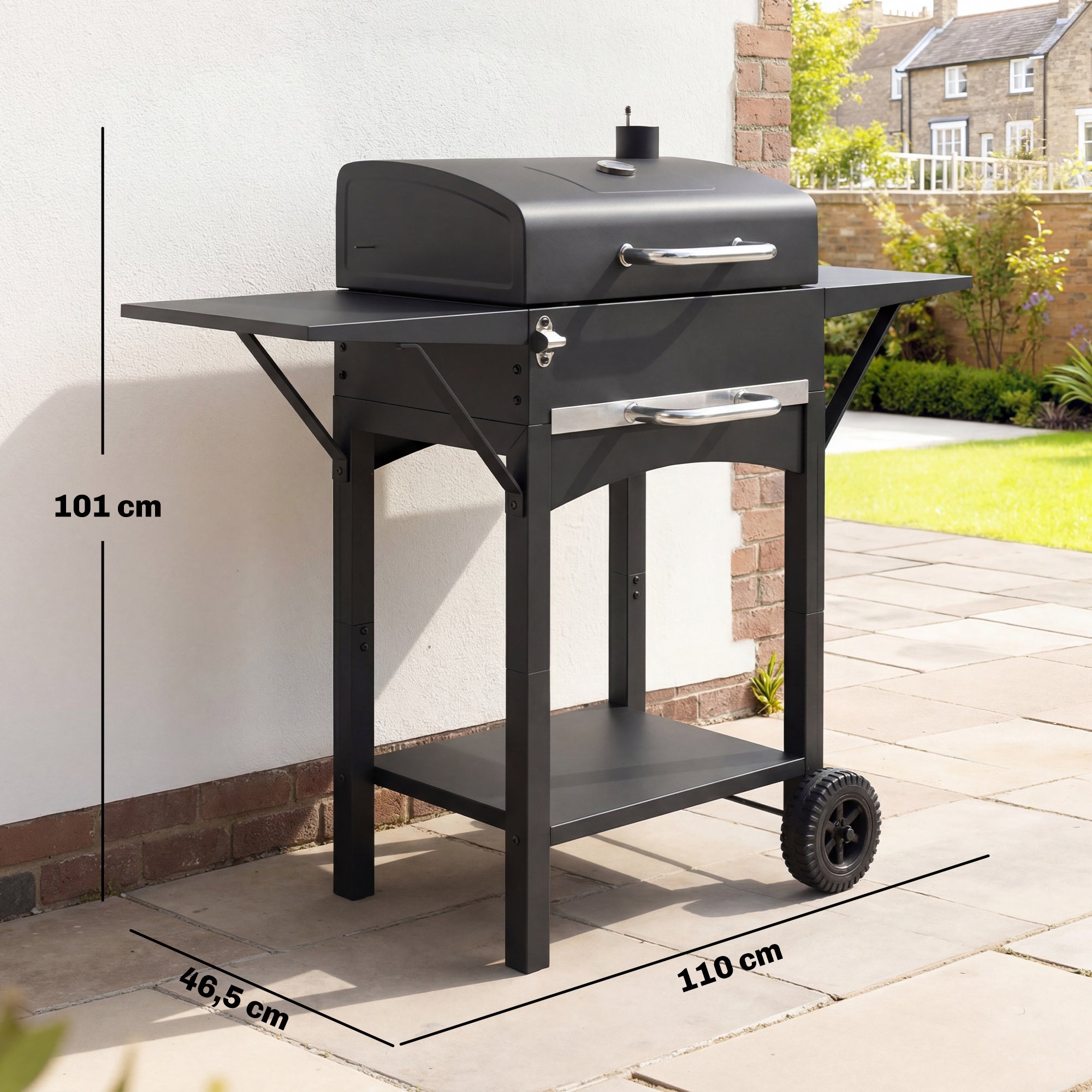 Barbecue à charbon avec couvercle, fumoir avec 2 tablettes latérales, grande surface de cuisson, grille, thermomètre, roulettes - 5