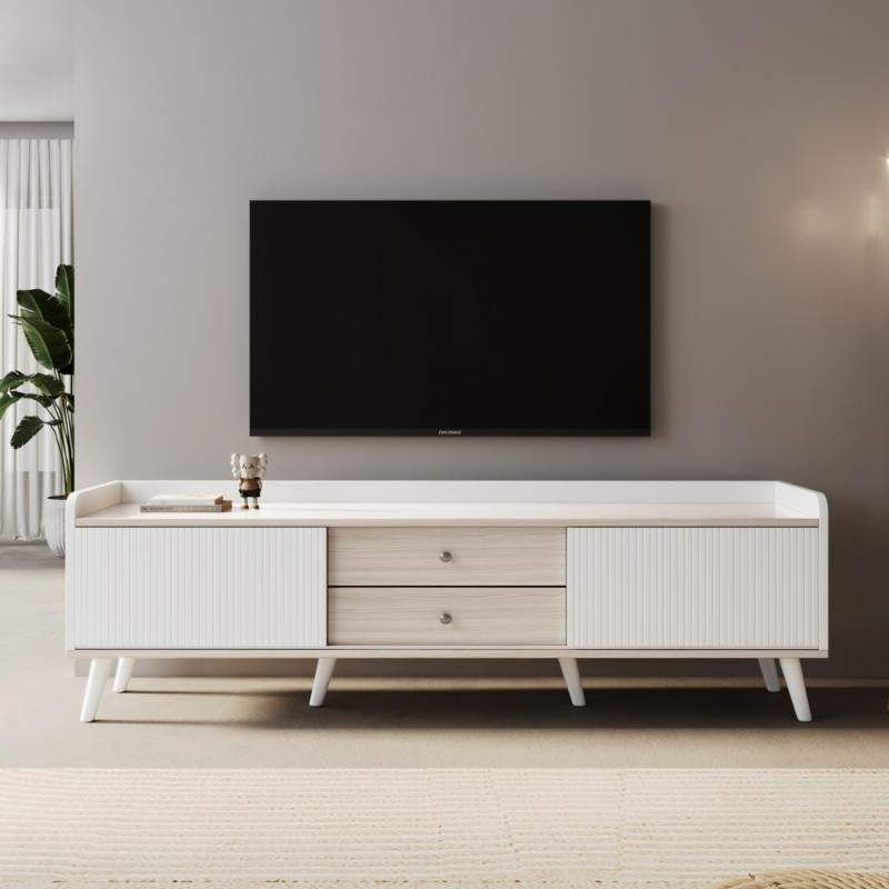 Biała szafka RTV z 2 szufladami i paskowanymi drzwiami przesuwnymi – elegancki design, lite drewno, wys. 58 cm/szer. 160 cm/gł. 40 cm