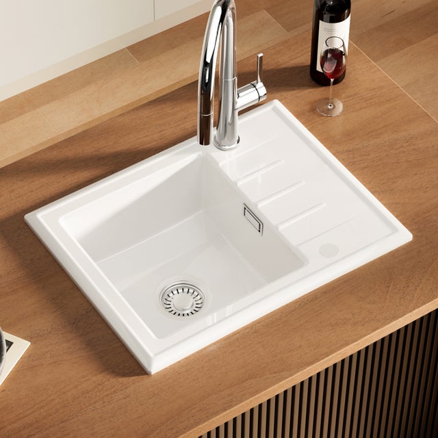 CECIPA MAX Evier de cuisine en Ceramique 60*46cm, Evier a Encastre Blanc, Eveir 1 Bac Kit de Vidage