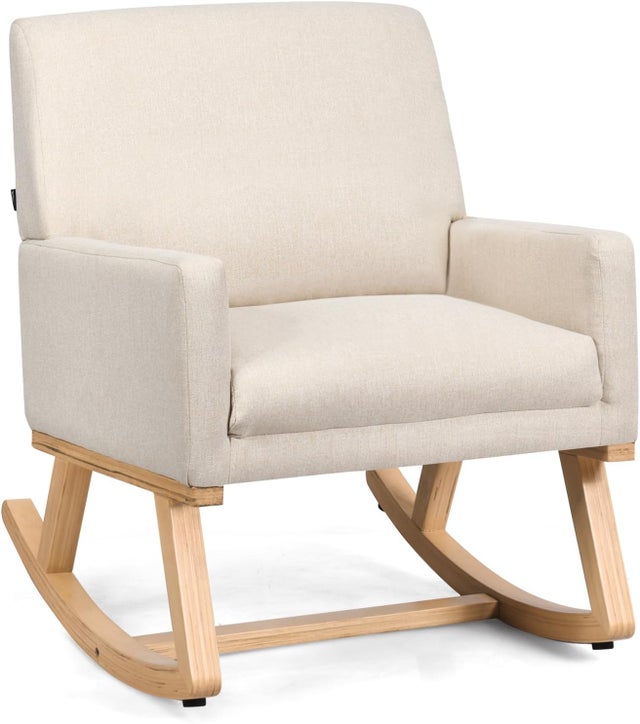 Fauteuil Salon à Bascule, Fauteuil à Bascule Scandinave avec Base en Bois Massif,Charge 120KG,Beige
