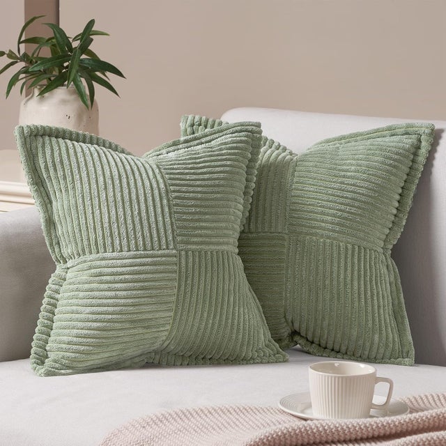Housse de Coussin 40 x 40 Vert Sauge Double Face à Motif Croisé en Velours Côtelé Moelleux Housses Coussin Canape Decoratif Lot de 2