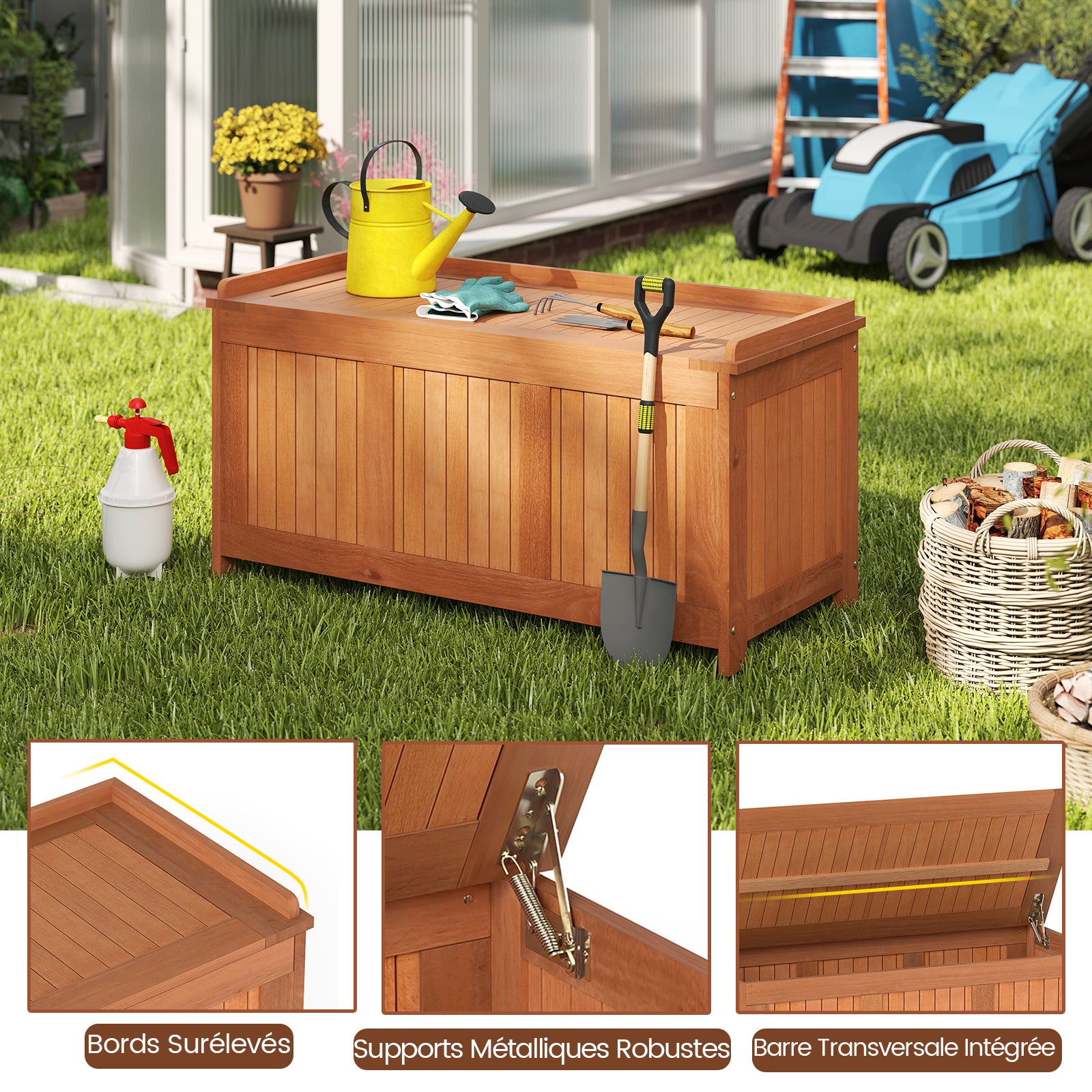 Coffre de Jardin Extérieur en Bois Dur 220L, avec Couvercle Rabattable, Organisateur pour Rangement des Outils pour Patio, Cour, Charge 150 KG - 5