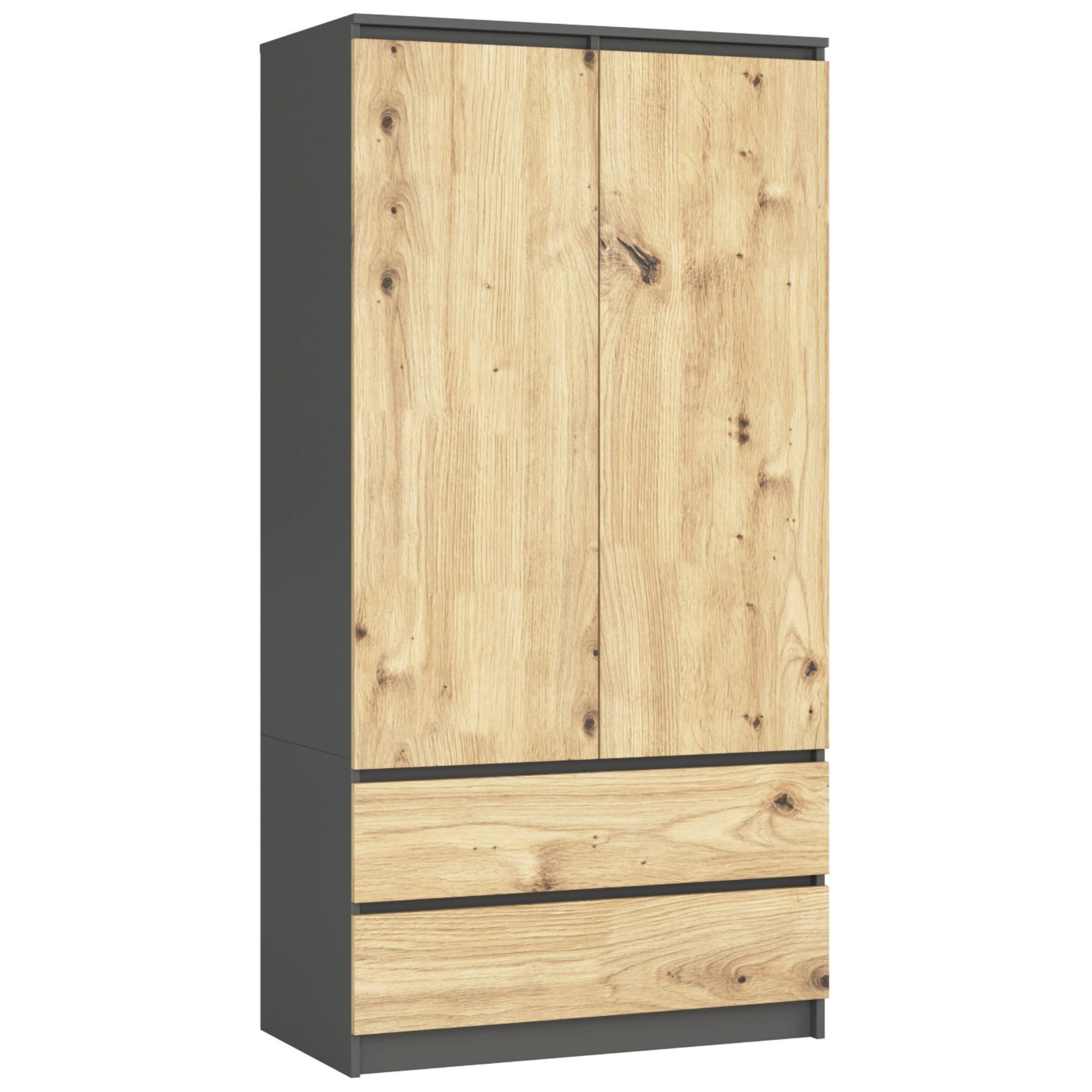 Szafa AKORD S90 Grafit Szary 90 cm 2 drzwi 2 szuflady kolor Dąb Artisan mat 4 półki 90x51x180 cm