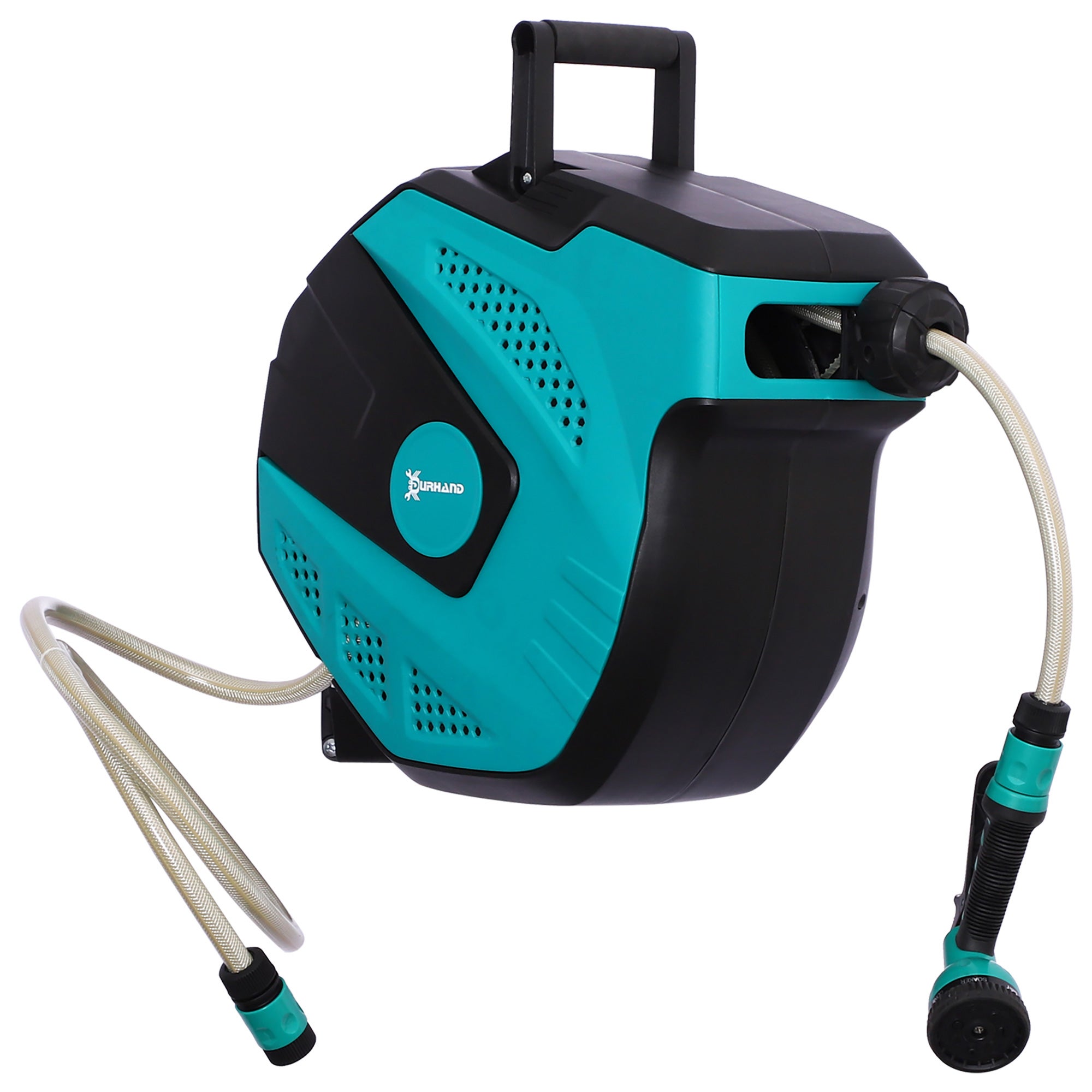 Cutie de furtun de perete Tambur de furtun 15 m cu duș multiplu, pivotant 180° Protecție împotriva înghețului -5 până la 45 °C plastic verde negru