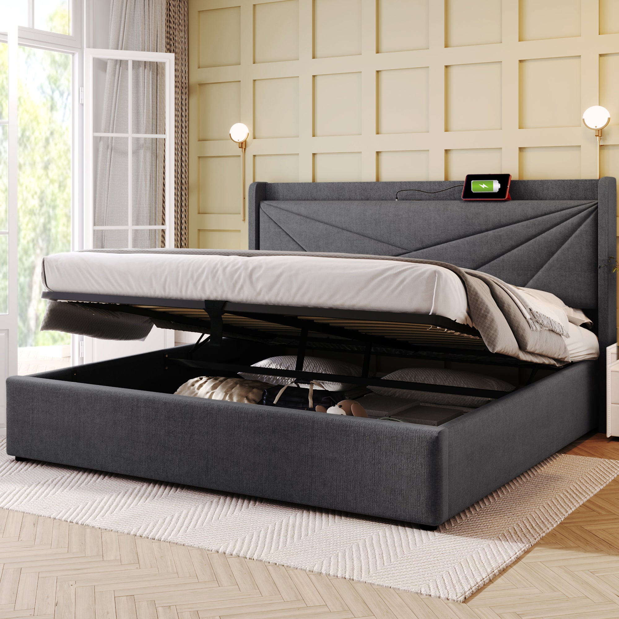 Lit rembourré lit double coffre de rangement avec fonction de charge USB Type C tête de lit, lits de rangement cadre de lit en lin lit jeune 140x200 - 7