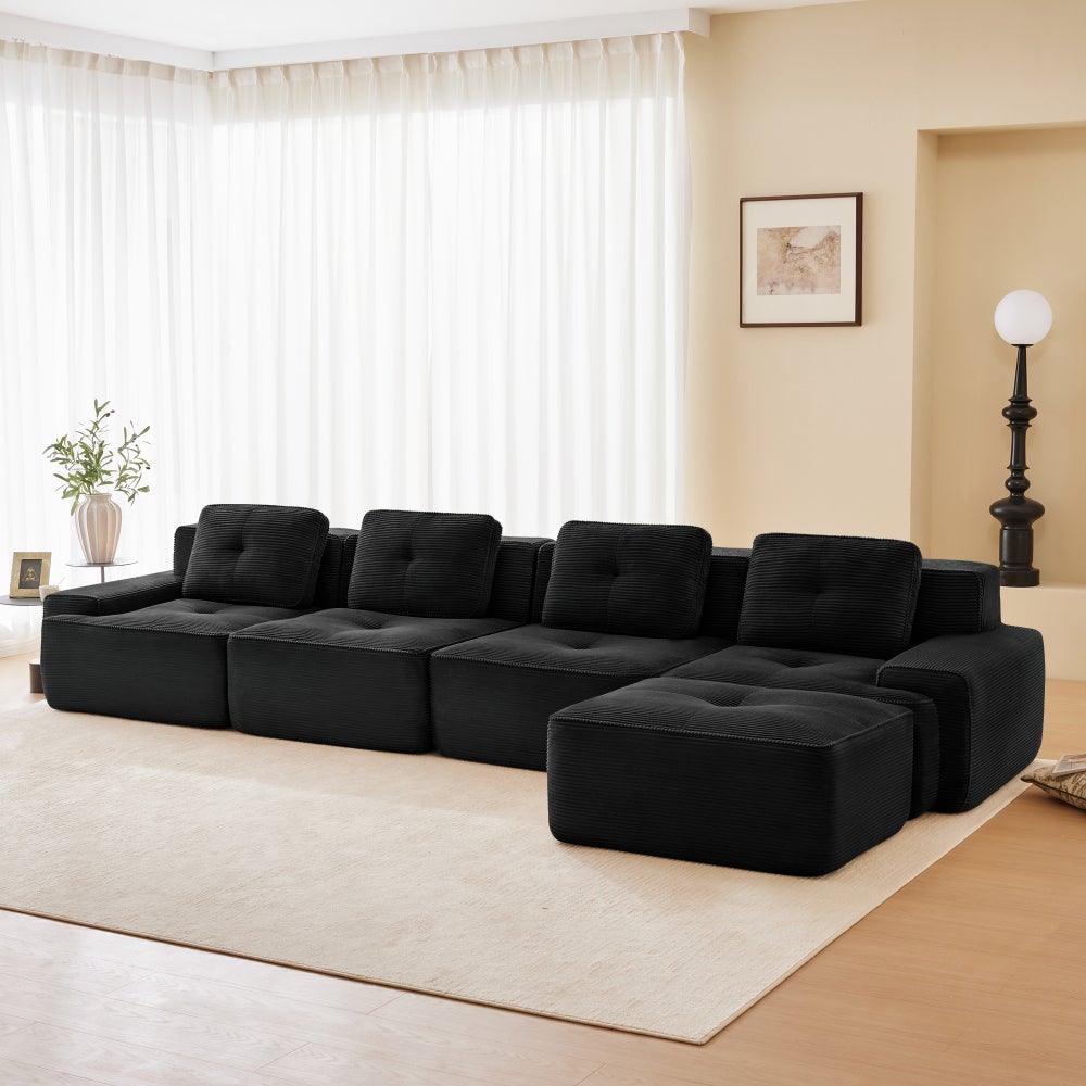 Sofa narożna, w kształcie litery L, 4-osobowa, modułowa, sztruks, głębokie siedzisko, z szezlongiem, czarna