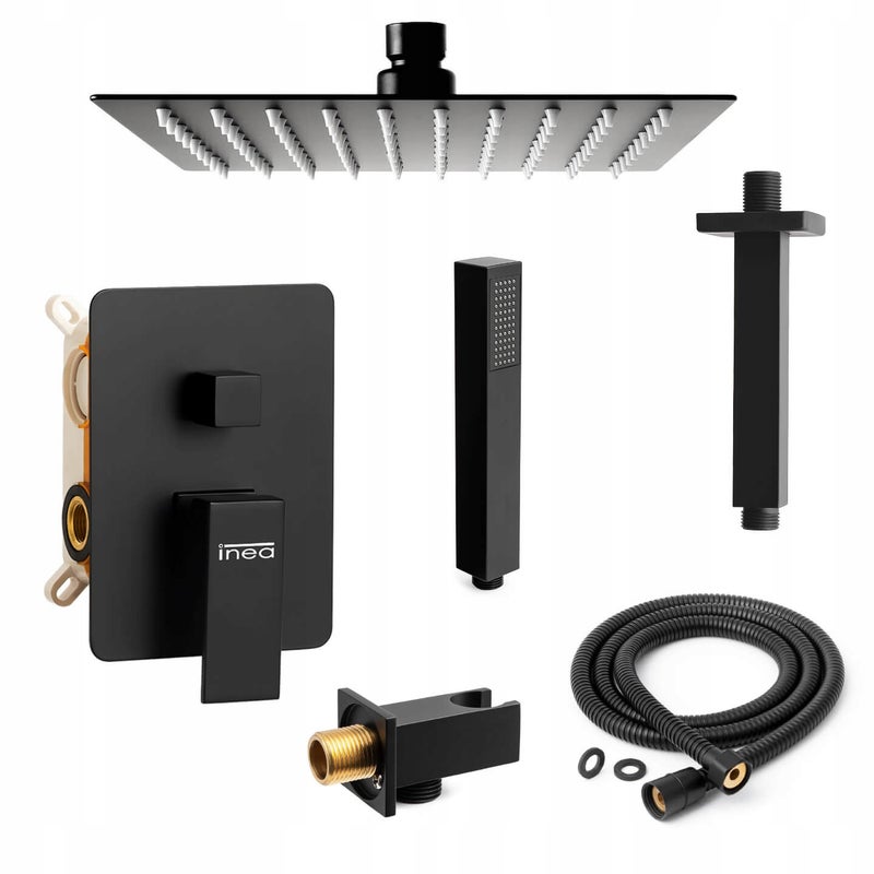 ZESTAW PODTYNKOWY PRYSZNICOWY SUFITOWY CZARNY MAT Z DESZCZOWNICĄ NA SUFICIE