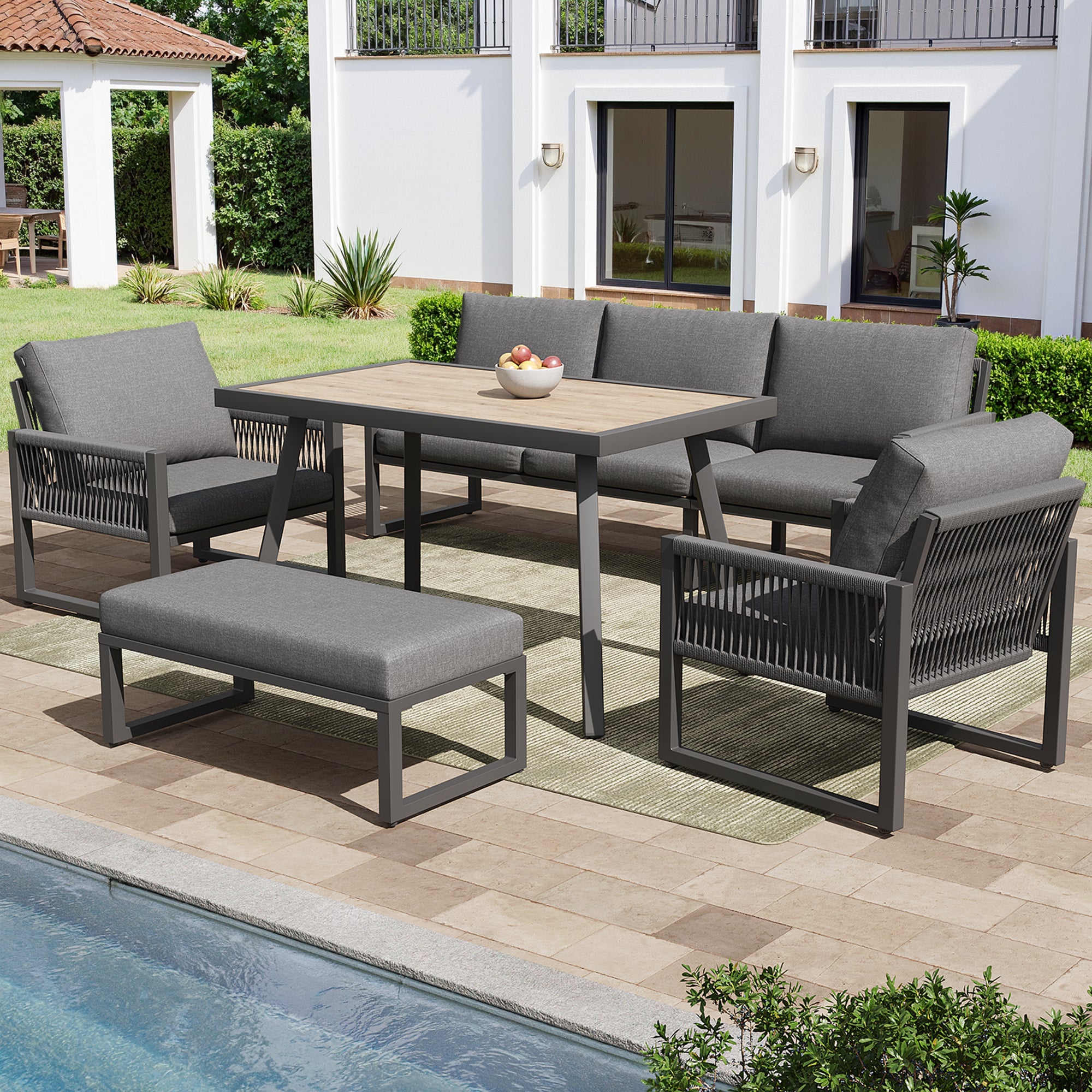 Salon de jardin en métal 6 places : 1 canapés 3 places + 2 fauteuils + 1 banc + table 100 x 60 x 71 cm - Gris - 3