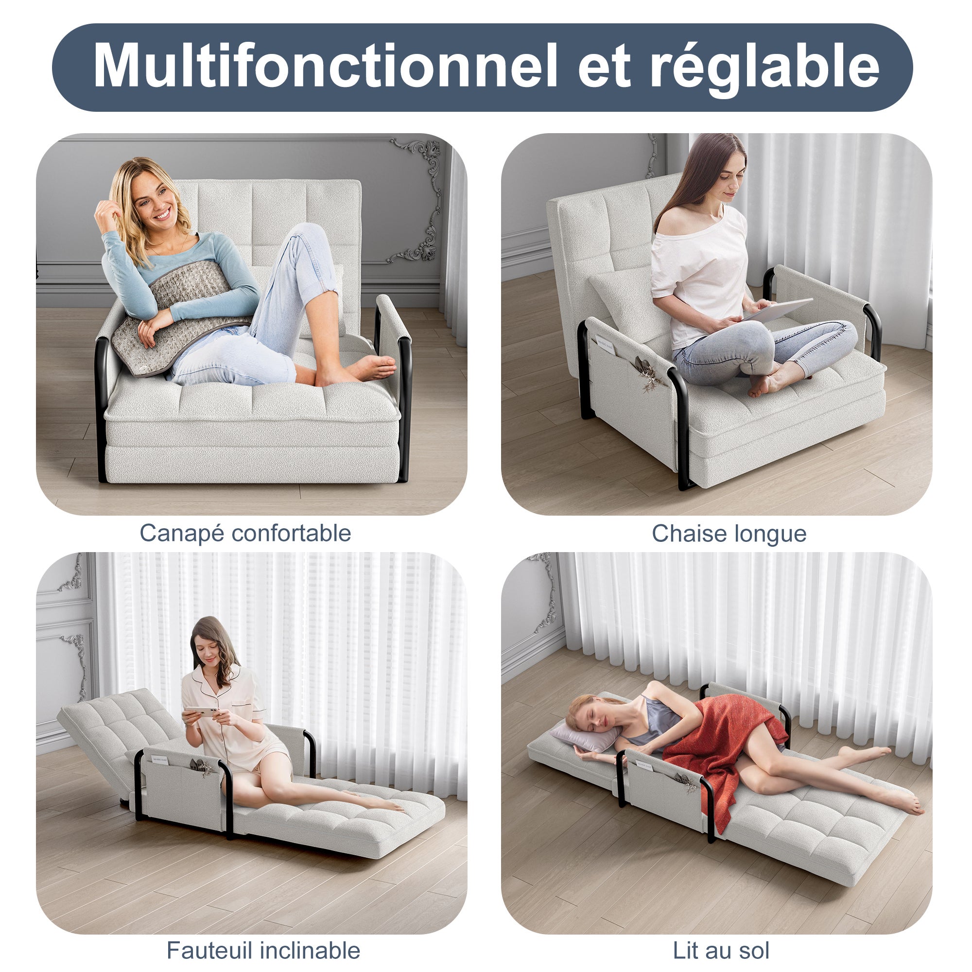 Fauteuil Convertible 1 place - Canapé-Lit 5 Positions Ajustables - en Chenille - Finitions en Laine d'Agneau - Blanc - 8