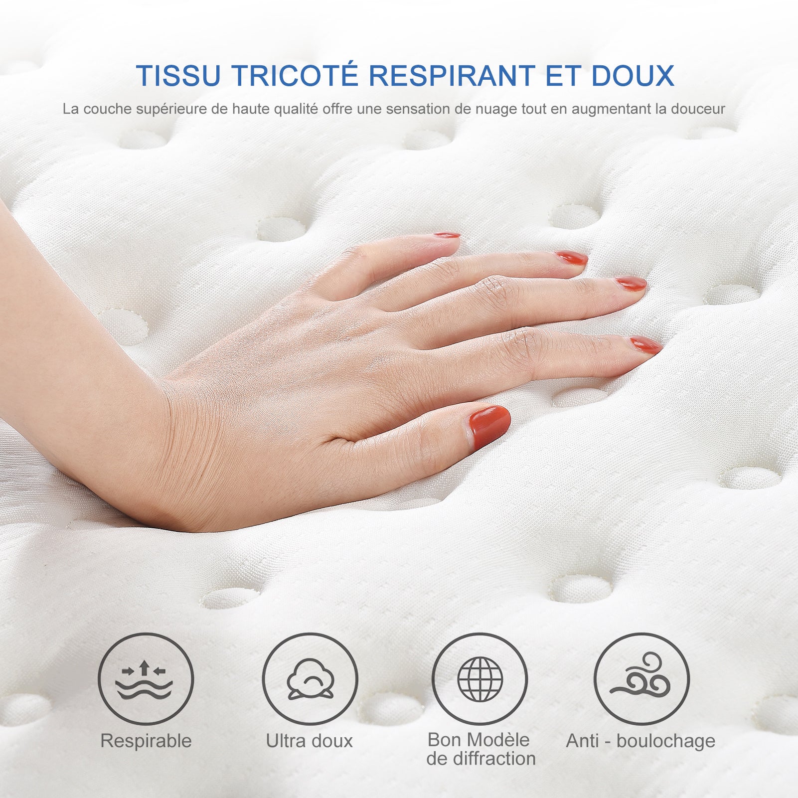 Matelas 140 x 190 cm, hauteur 25 cm, Matelas à ressorts, ressorts ensachés 7 zones, avec tissu doux, dureté H2, maille 3D, respirant - 9