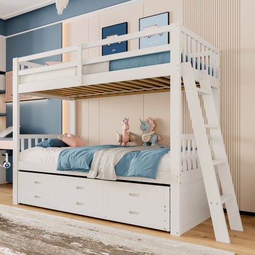 Lit superposé 90x200cm avec sommier à lattes, échelle, lit extensible et 3 tiroirs, en pin, blanc, sans matelas - 6