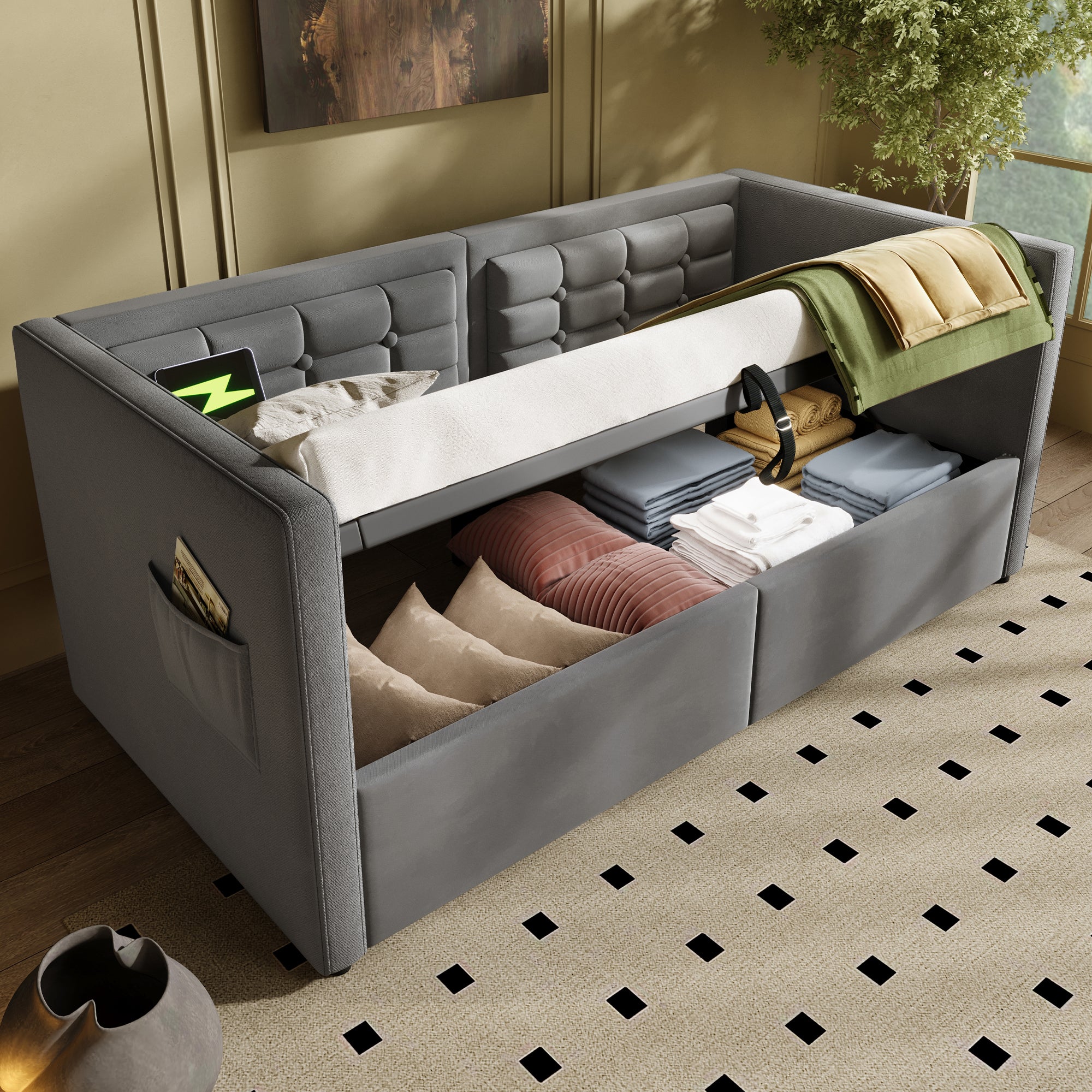 Rozkładana sofa 90 x 190 cm, wyposażona w hydrauliczny schowek oraz porty ładowania USB i Type-C, szara, aksamit. - 2