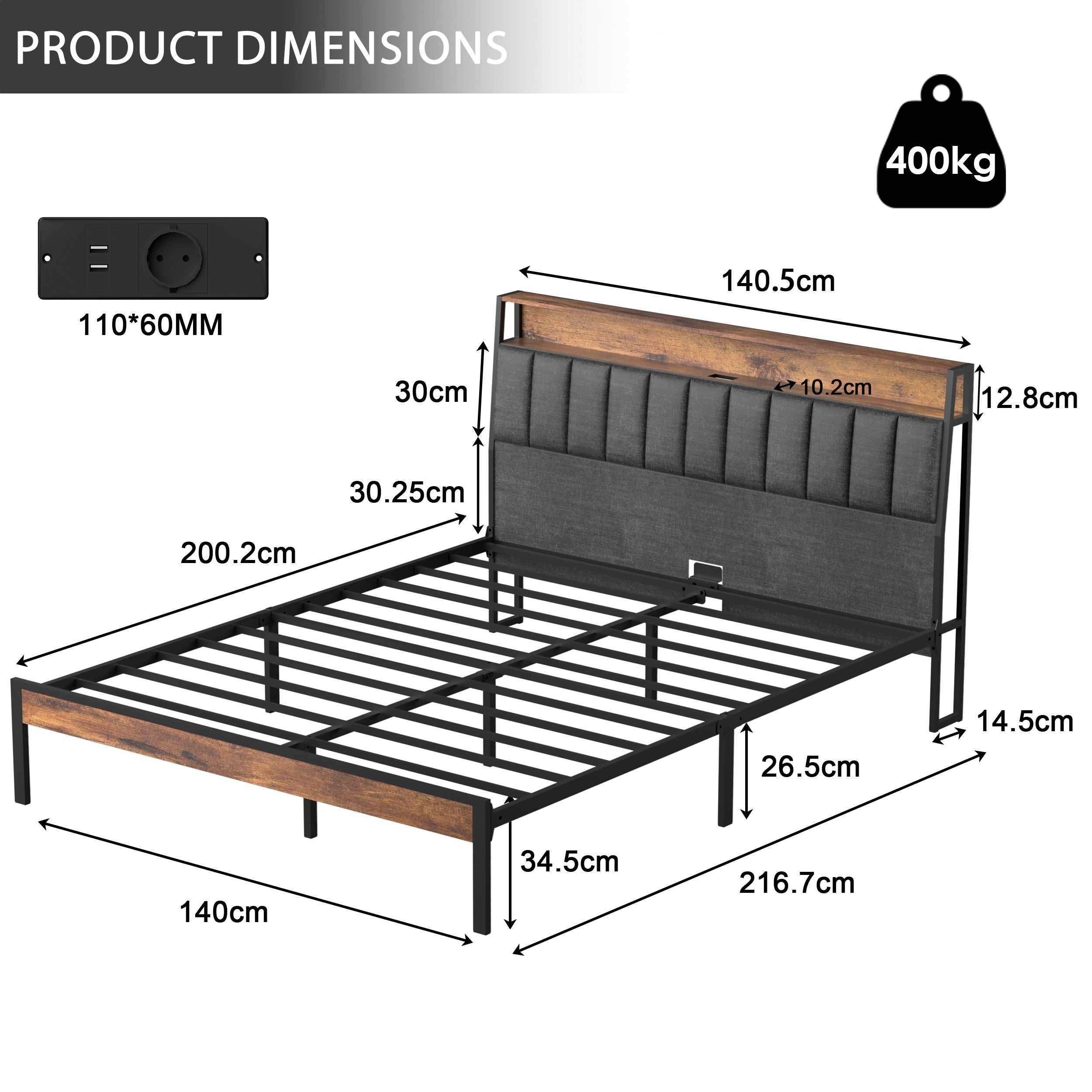 Cadre De Lit Double 140x200 Cm Avec Lumières LED Et Prises Intégrées - Métal Robuste, Rangements Et Tête De Lit Capitonnée