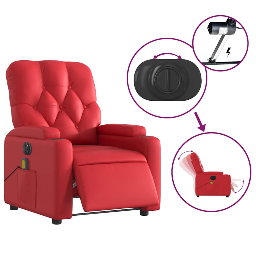 Sillón de masaje reclinable eléctrico de cuero artificial rojo vidaXL - 6