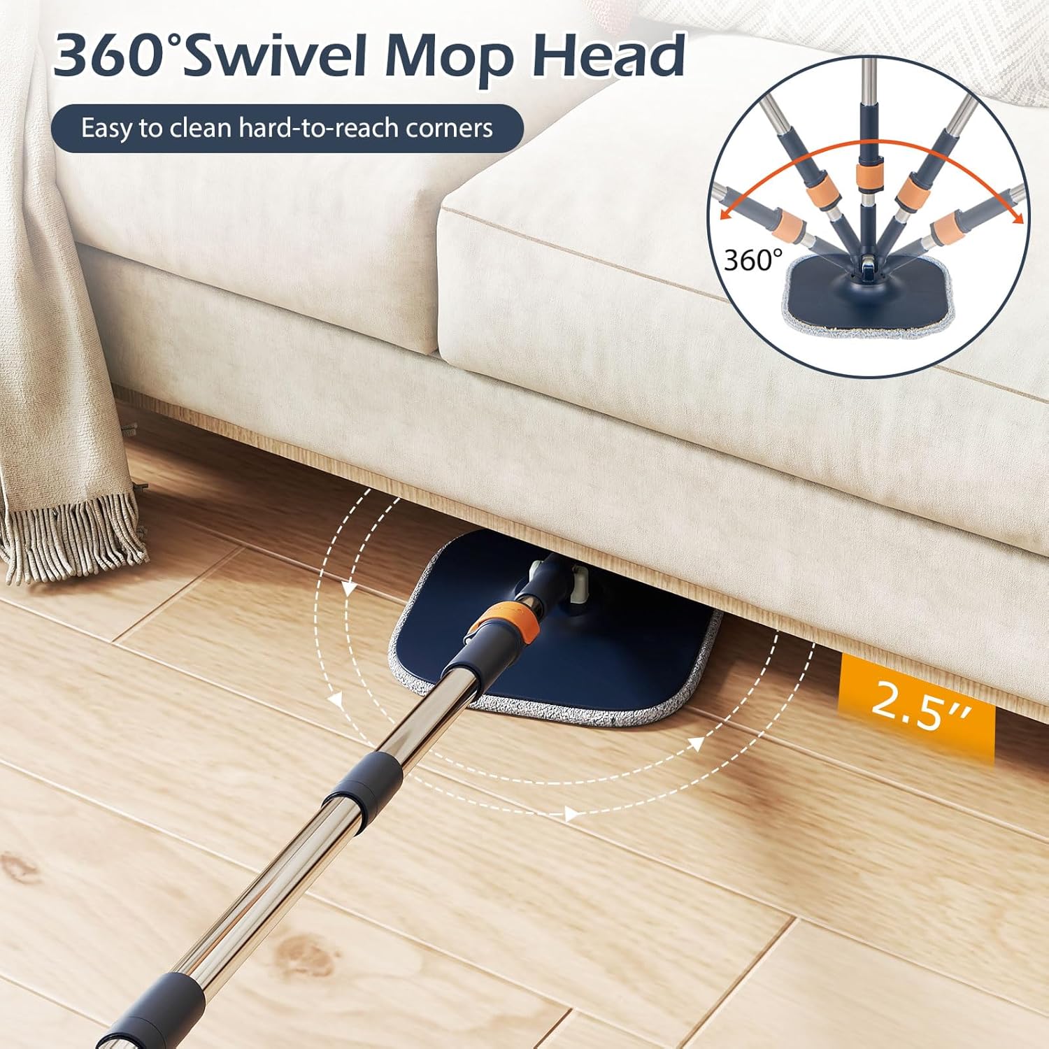 Mop z Wiadrem i Wyciskaczem, z Podwójnym Pojemnikiem, Obrotową Głowicą o 360°, Oddzielaniem Brudnej i Czystej Wody, do Mycia Podłóg, Niebieski - 4