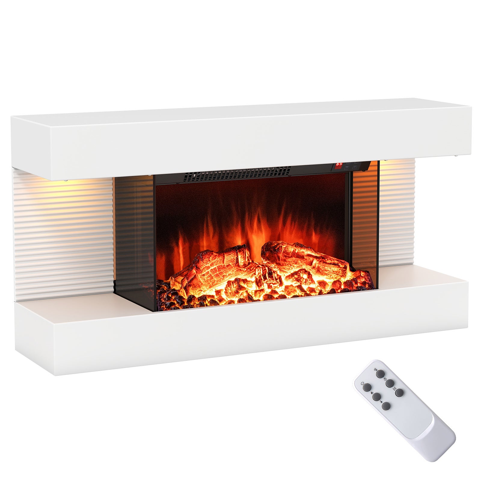 Elektryczny kominek ścienny z 3 stronami i ruchomą obudową, ogrzewanie 750 W/1500 W z oświetleniem LED, 12 kolorów płomienia, 8-godzinny timer