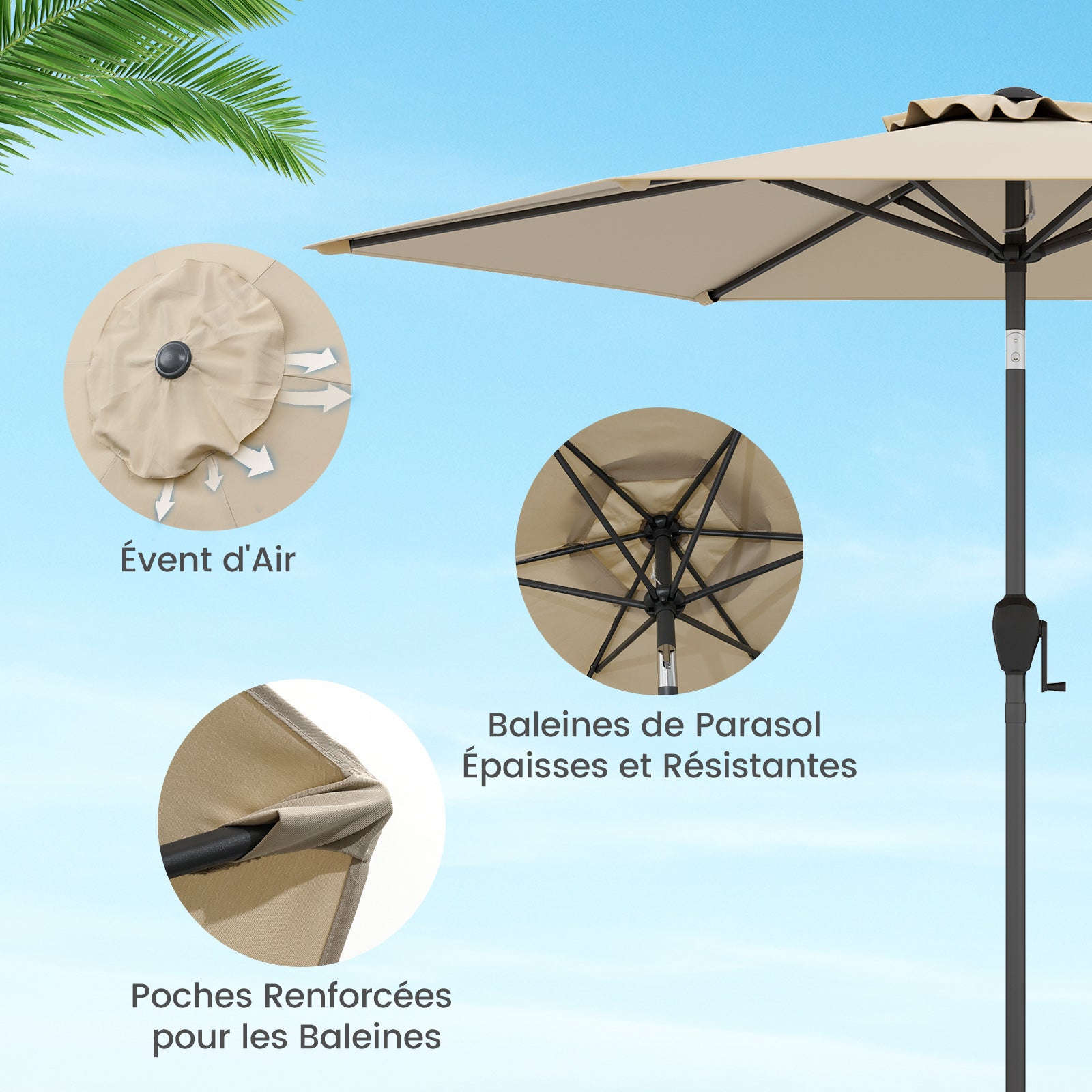 Parasol de Jardin Extérieur Ø 230 CM, Parasol Balcon sans Pied, Inclinaison Réglable à Bouton-Poussoir, 6 Baleines Robustes, Beige - 7