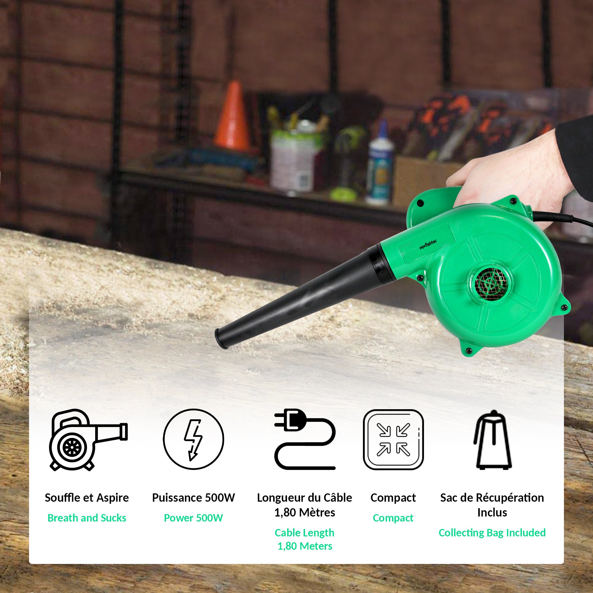 Mini soffiatore elettrico, aspirapolvere reversibile con sacchetto, lunghezza cavo 2M, 500 W, 40CM, verde - 3