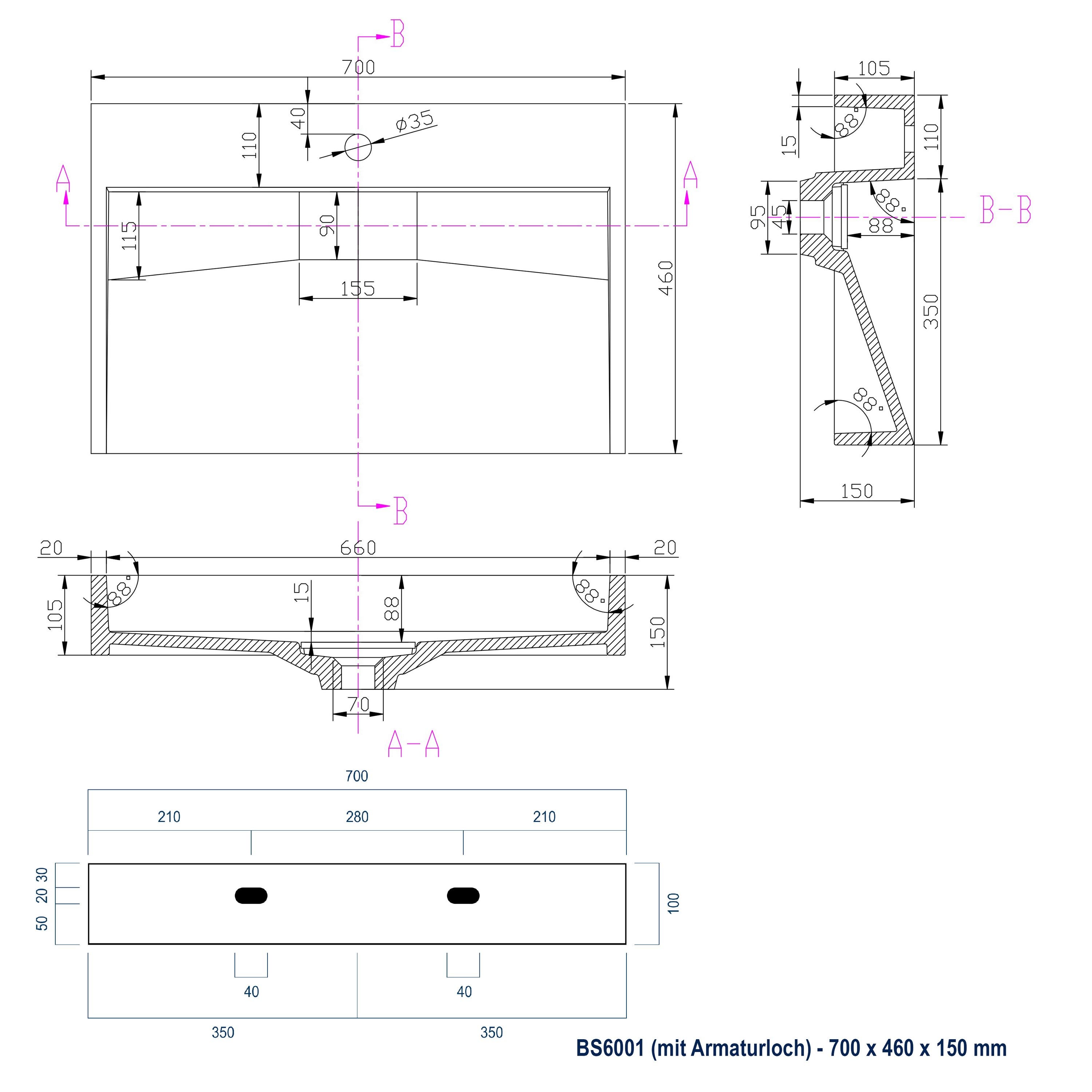 BERNSTEIN - Vasque moderne suspendue 70x46x15cm en marbre coulé sans trous prépercés - BS6001 - 5