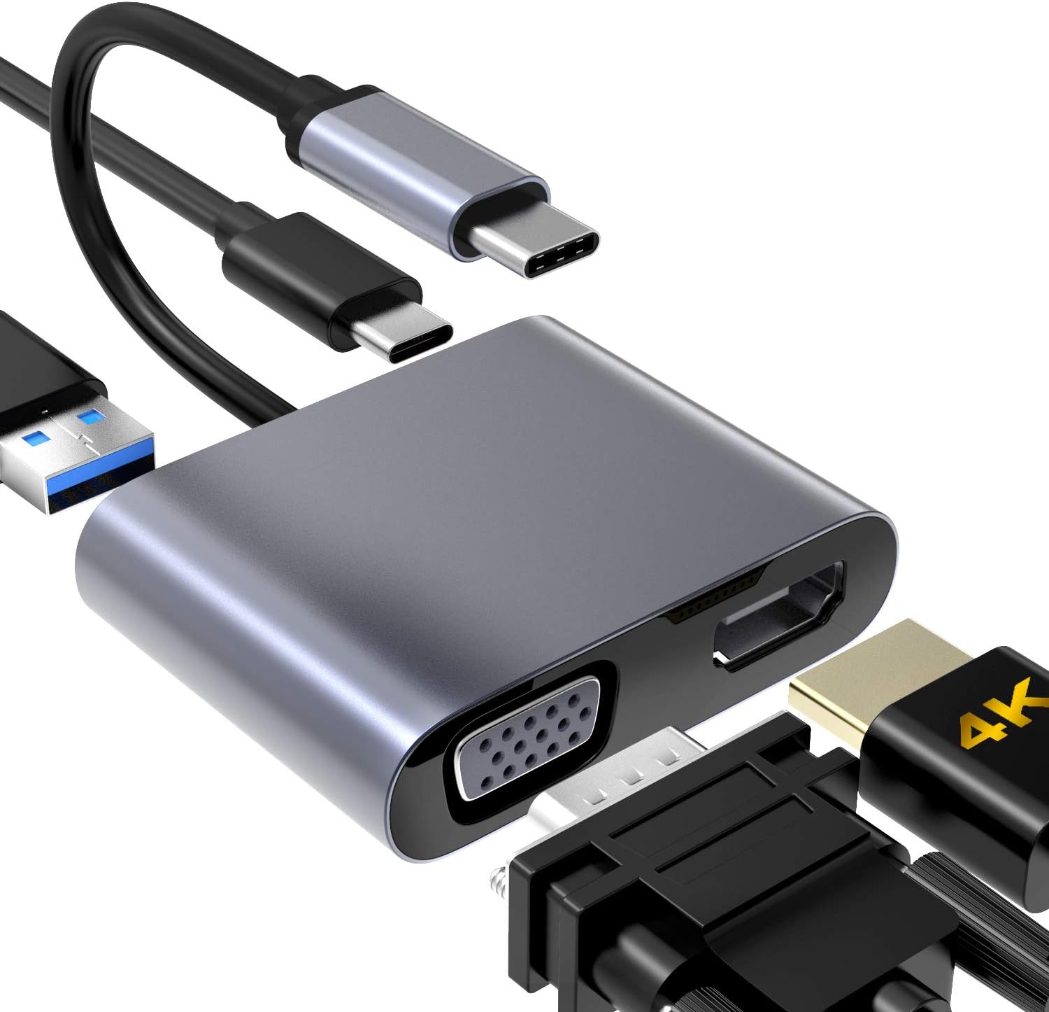 Adapter USB C na VGA HDMI, Hub 4 w 1 Typu C na VGA HDMI 4K UHD z portem ładowania PD 87W + Port USB 3.0 Kompatybilny z MacBook Pro/Air