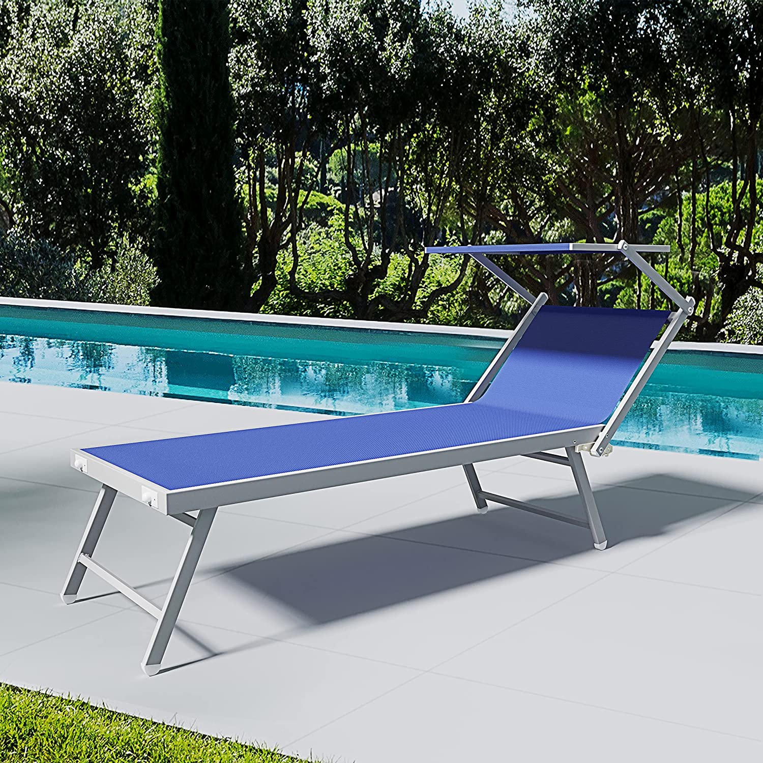 Coppia Di Lettini Blu Prendisole Pieghevole Professionale In Alluminio Tettuccio Orientabile Tettino Parasole Sdraio Lettino 182 x 60 x 38 cm - 2