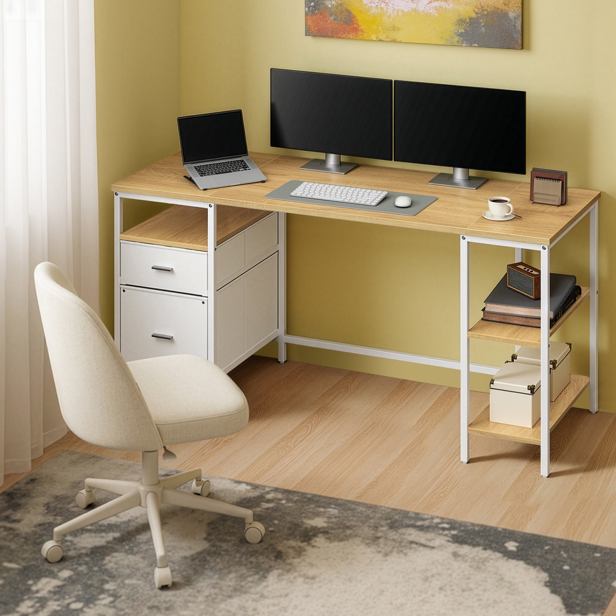 Bureau d’Ordinateur, 3 Étagères, 2 Tiroirs, 160 x 60 x 76 cm, Couleur Chêne et Blanc - 2