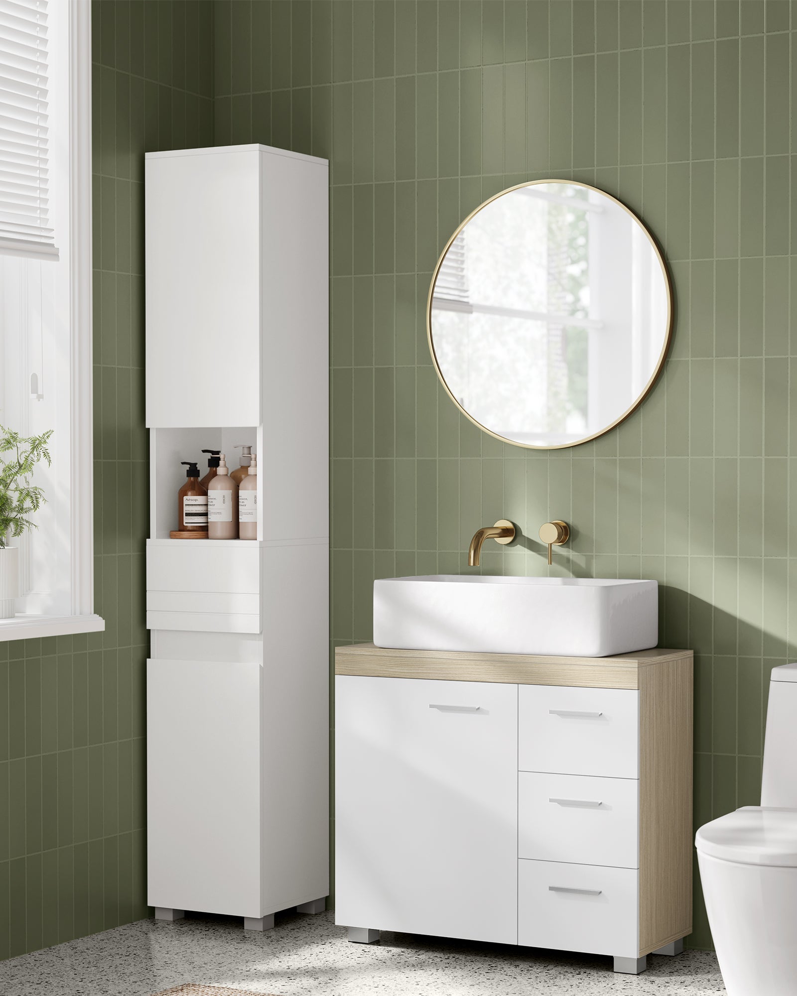 Meuble sous lavabo, 3 Tiroirs Latéraux, 2 Cases derrière la Porte, pour Lavabos sur Colonne, avec Pieds, 30 x 70 x 64 cm, Blanc et Beige Naturel - 2