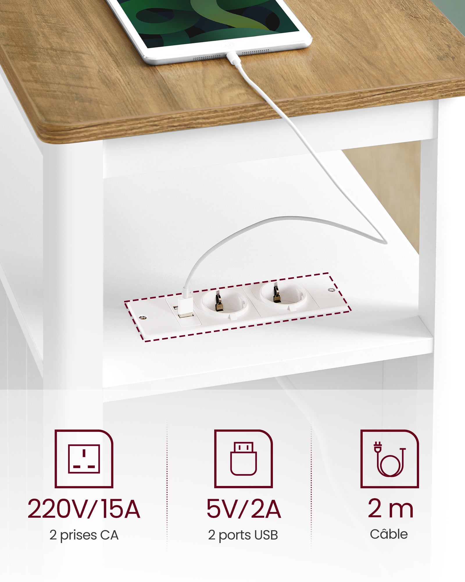 Table d’Appoint avec Multiprise, Petite Table Basse avec Étagère de Rangement, Marron Chêne et Blanc - 4