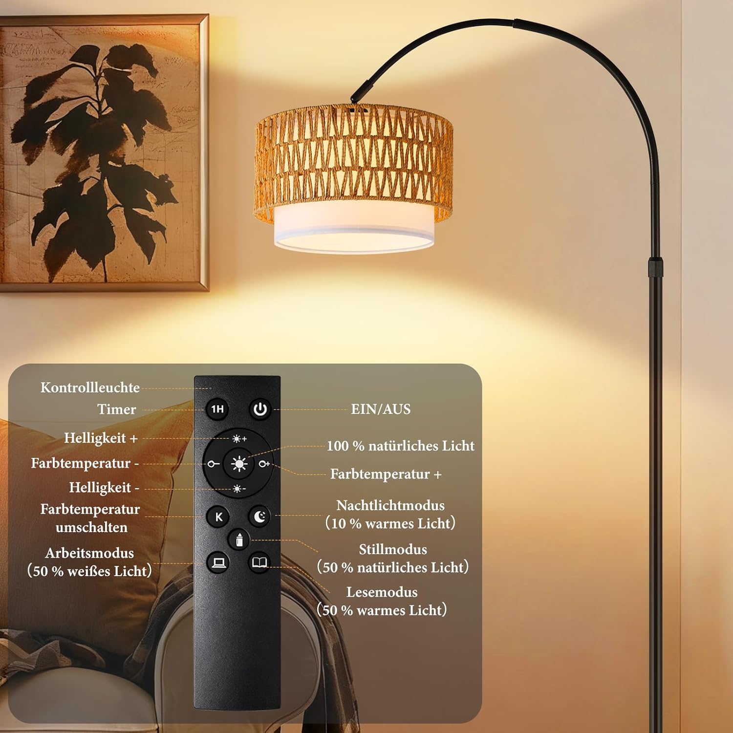 ZMH Lampadaire incurvé vintage noir E27 avec éclairage à intensité variable interrupteur au pied télécommande rotation à 350 degrés pour salon chambre - 4