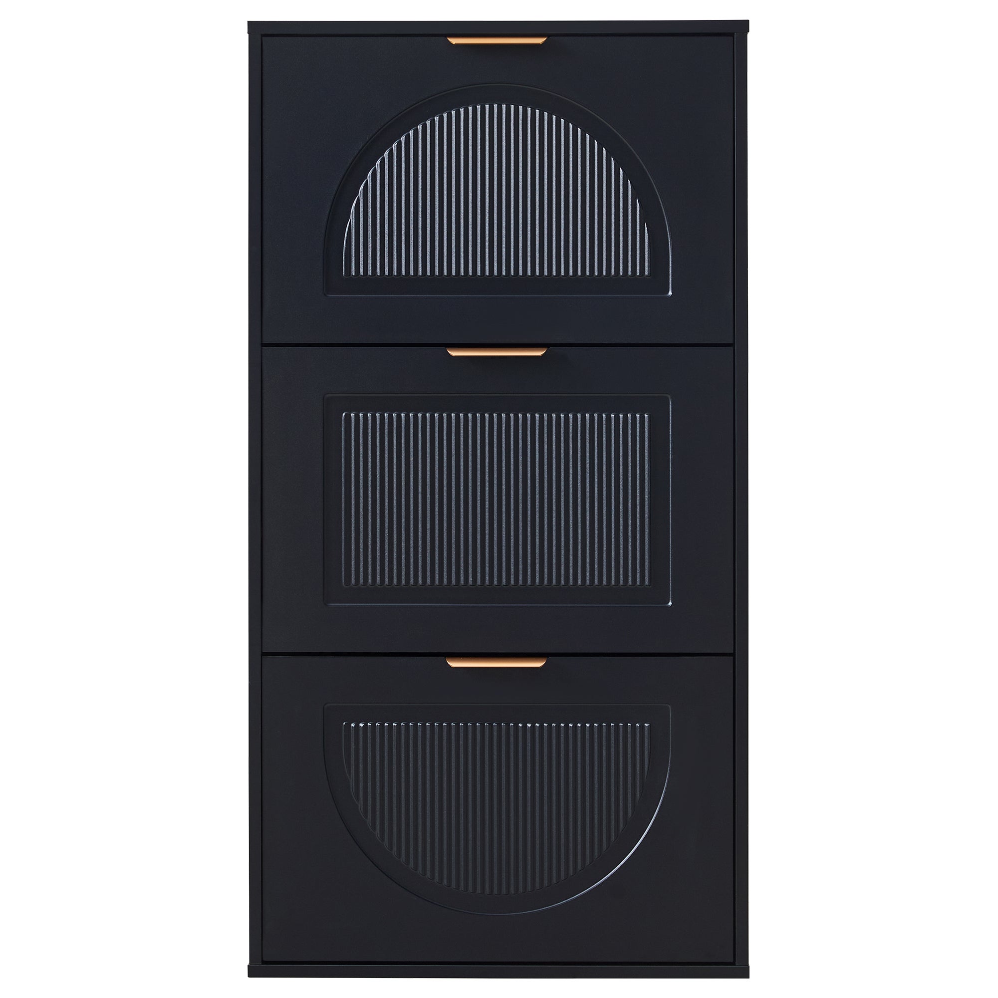 Meuble à chaussures avec 3 portes rabattables - 60 x 24 x 114 cm - MDF et poignées dorés - Noir - 9