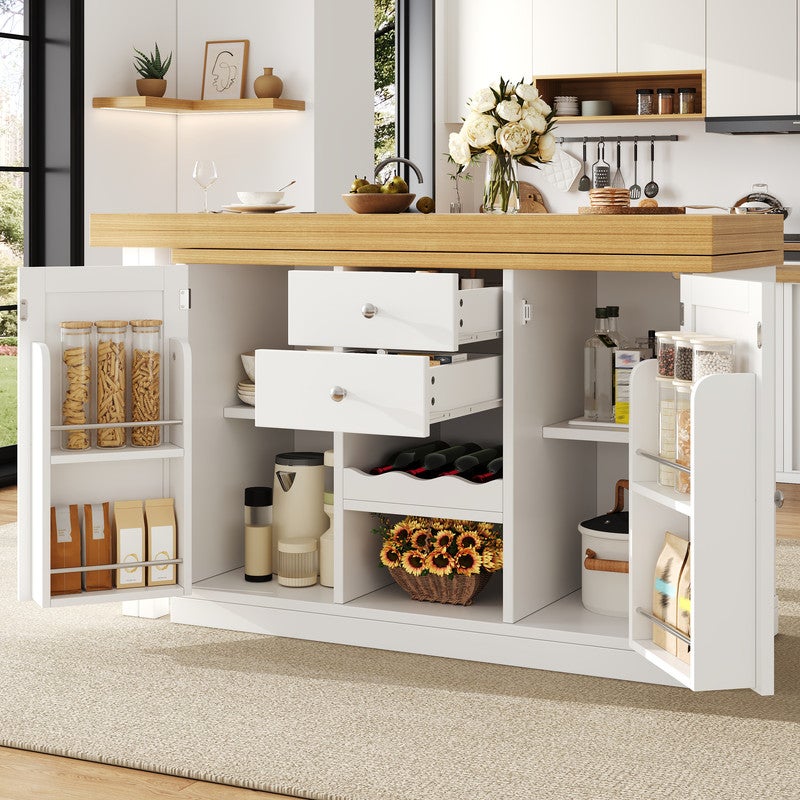 Table bar extensible,Îlot cuisine pivotant 360° avec casier à vin et rayon à grignotage,ilot central cuisine,Porte d'armoire magnétique,Blanc - 2