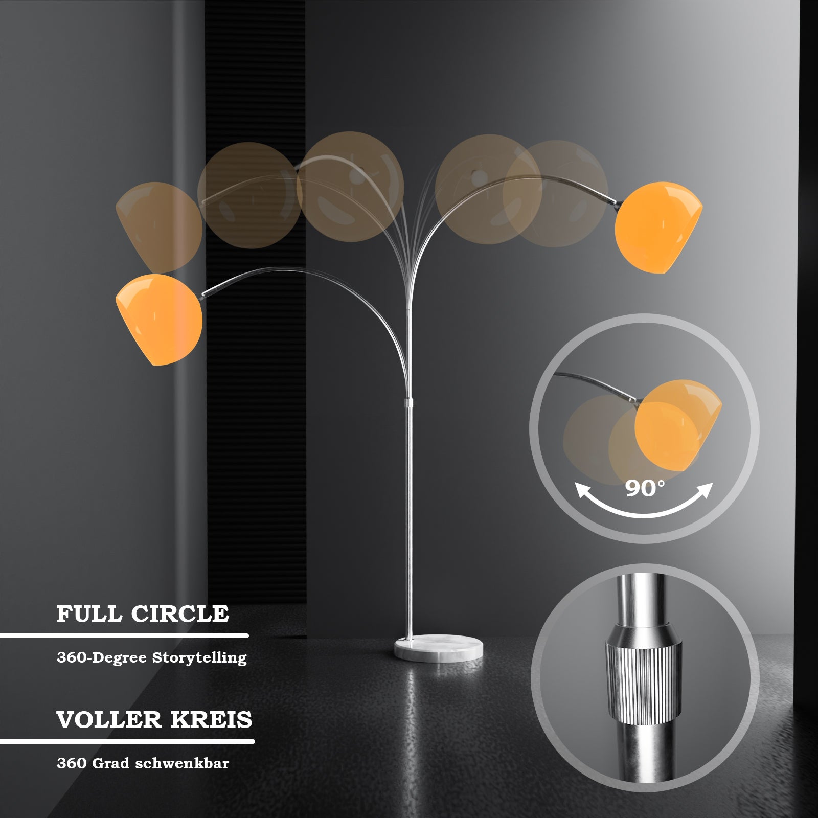 Lampe sur Pied - à Archet, max. 8/60W avec Ampoules Régulières/LED E27, Hauteur Réglable, Inox, Abat-jour Rotatif 360°, Orange - 5