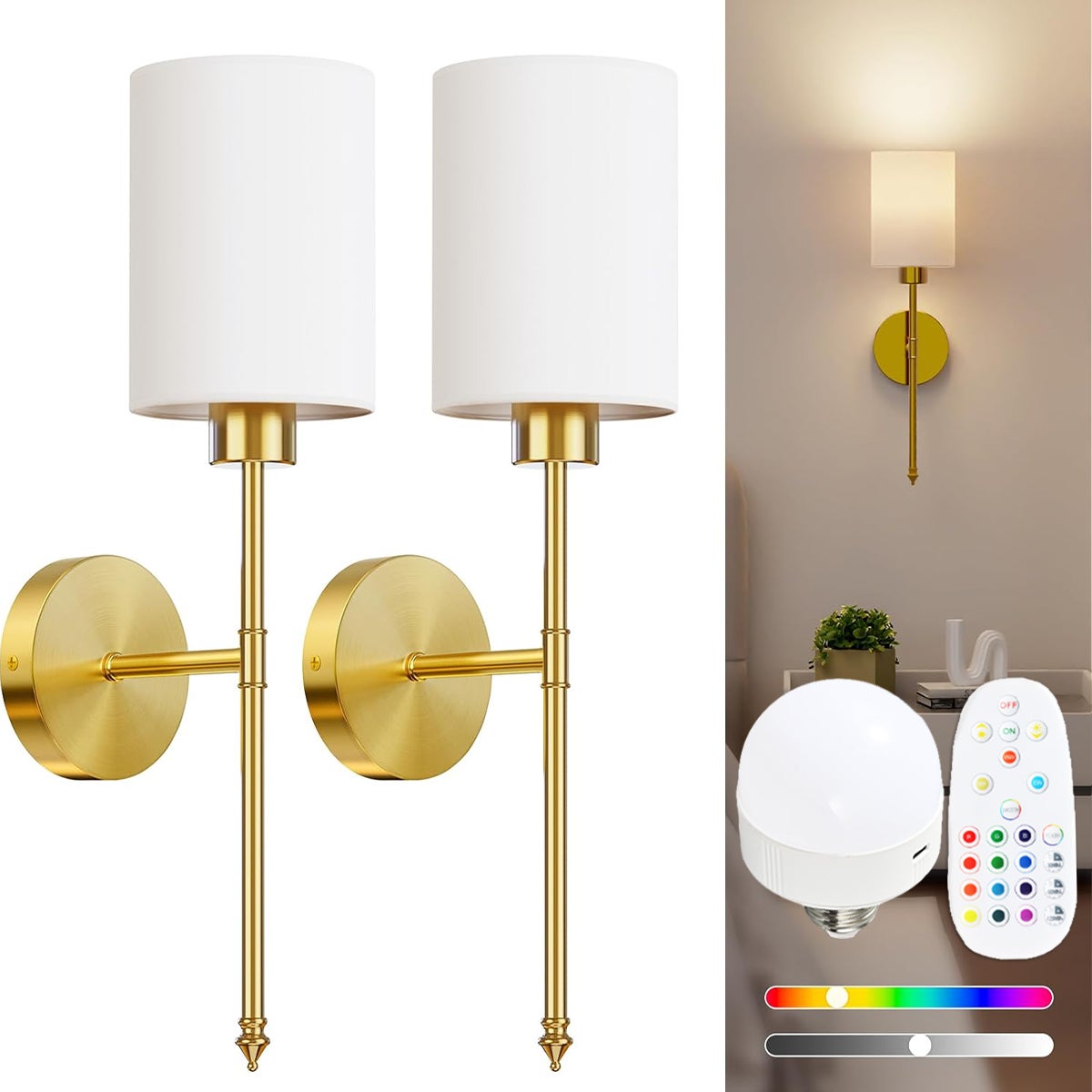 Lot De 2 Appliques Murales à Piles, Sans Fil En Laiton Doré, Globe En Verre Blanc, Lampe Sans Fil Pour Chambre à Coucher, Salon, Salle De Bain, Couloir