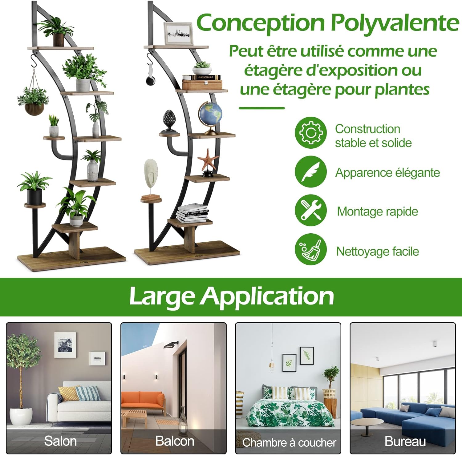 Support de Plante en Métal à 7 Niveaux, Étagère à Fleurs avec Crochet, Porte Plantes en Forme de Demi-lune, 60 x 30 x 155 CM, Marron - 6