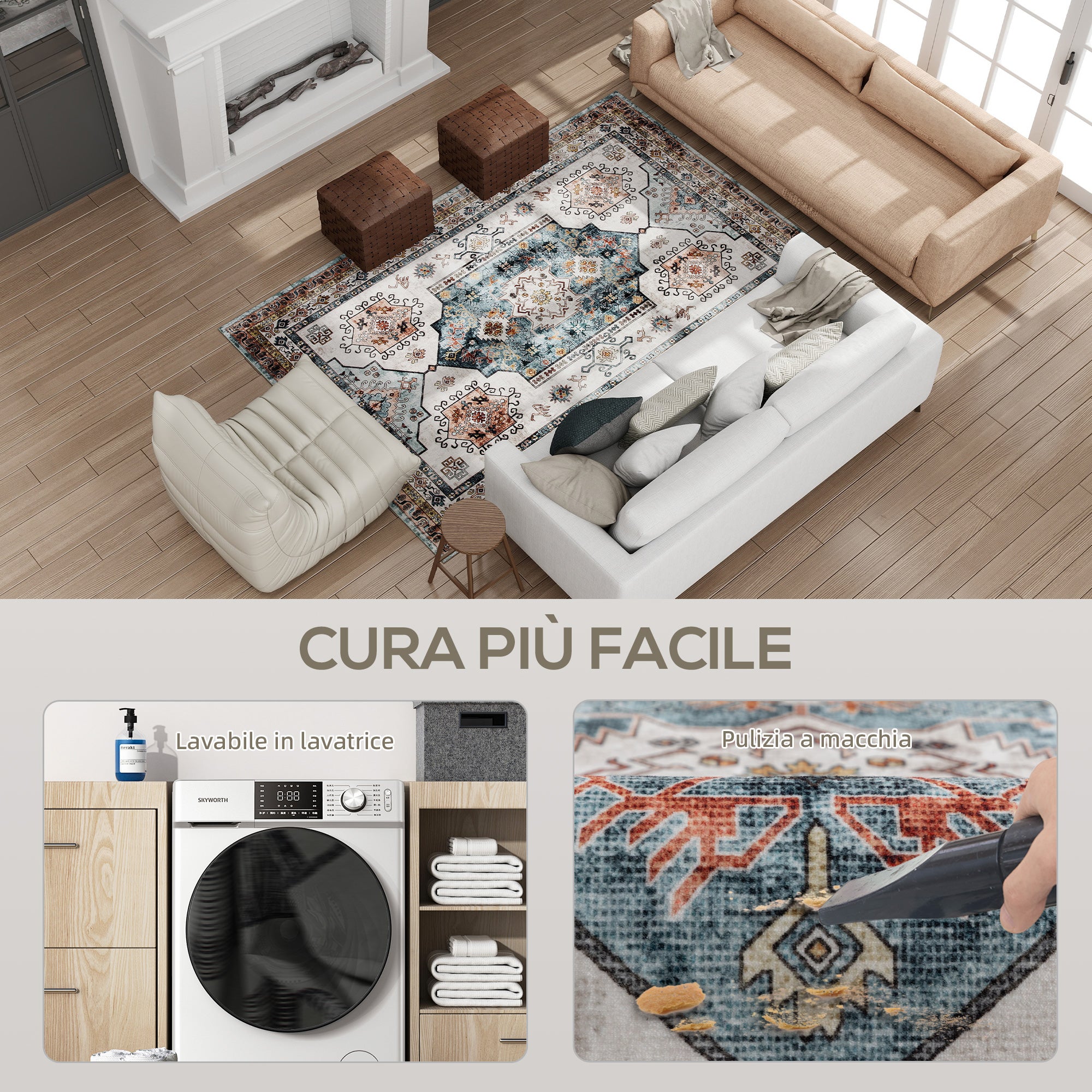 HOMCOM Tappeto Vintage Antiscivolo e Lavabile a Pelo Corto per Soggiorno e Camera, 230x160 cm, Multicolore - 5