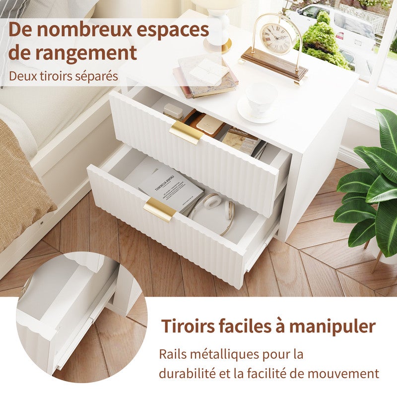 Lot de 2 tables de chevets - 2 tiroirs coulissants - Façade ondulée - Piètement épingle métal doré - Panneau de particules blanc - 6