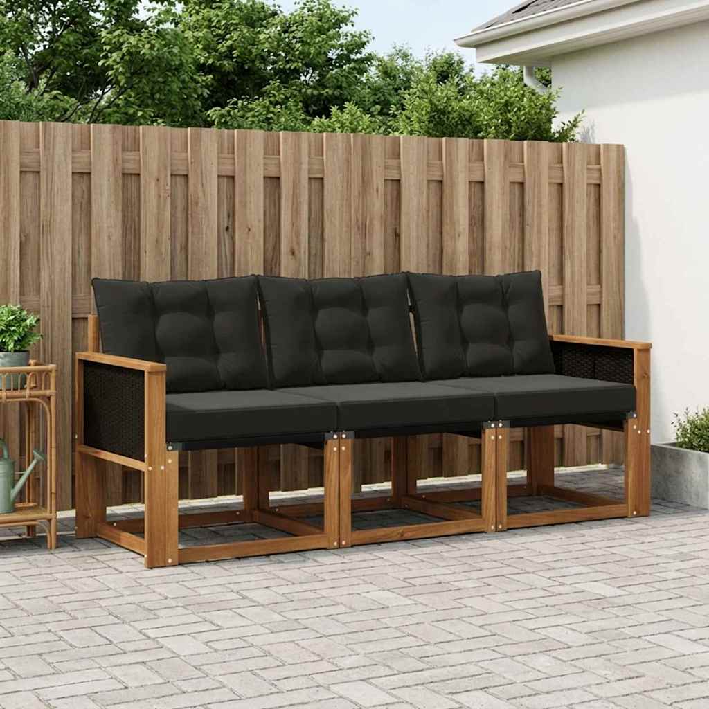 Conjunto de sofás de exterior, 3 piezas, natural y negro, para terraza