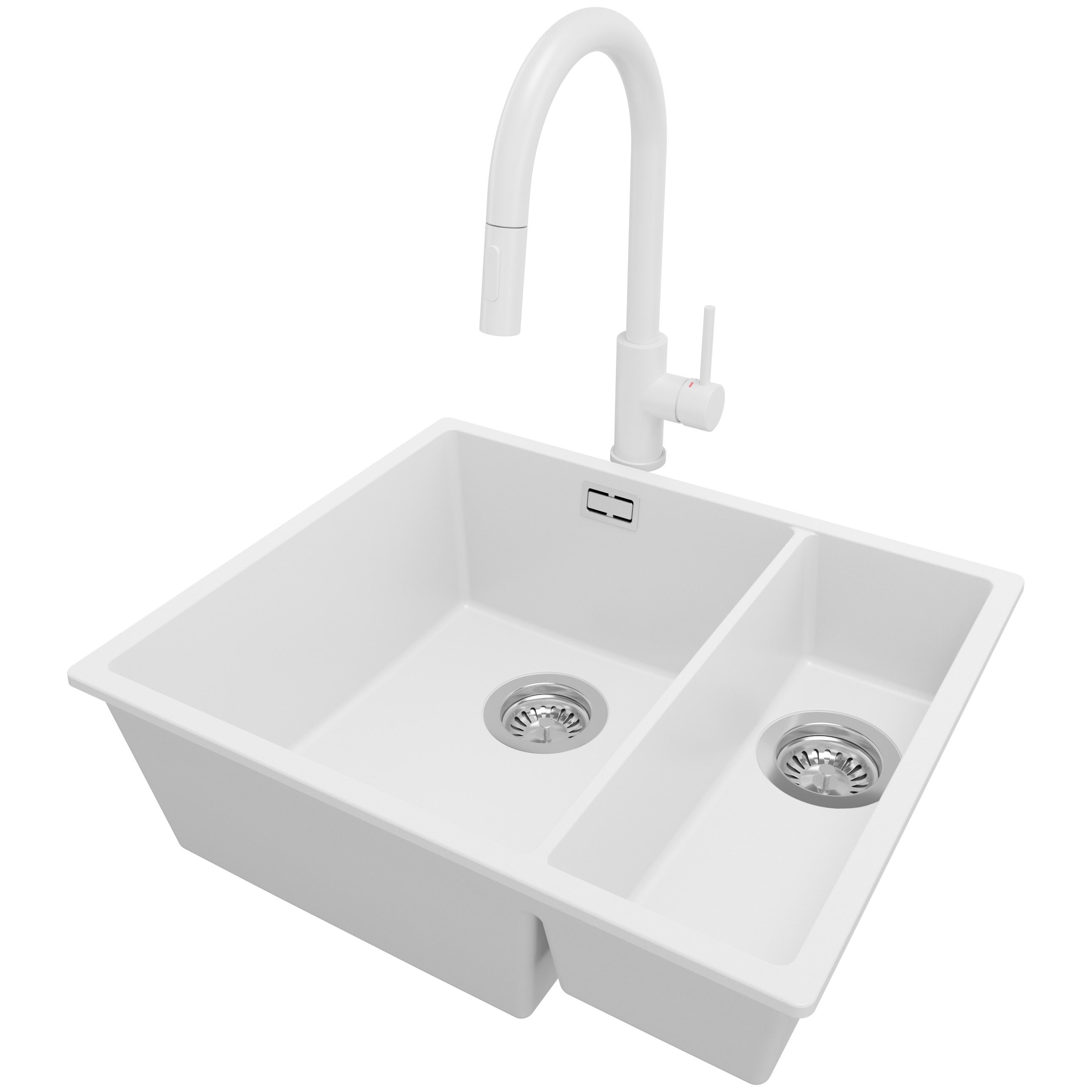 Zlewozmywak Granitowy Biały 56x47cm, Zlew Kuchenny 1,5 Komorowy + Bateria 40x20cm + Syfon, Nablatowy do szafki od 60cm - Londyn Slim Duo PRIMAGRAN