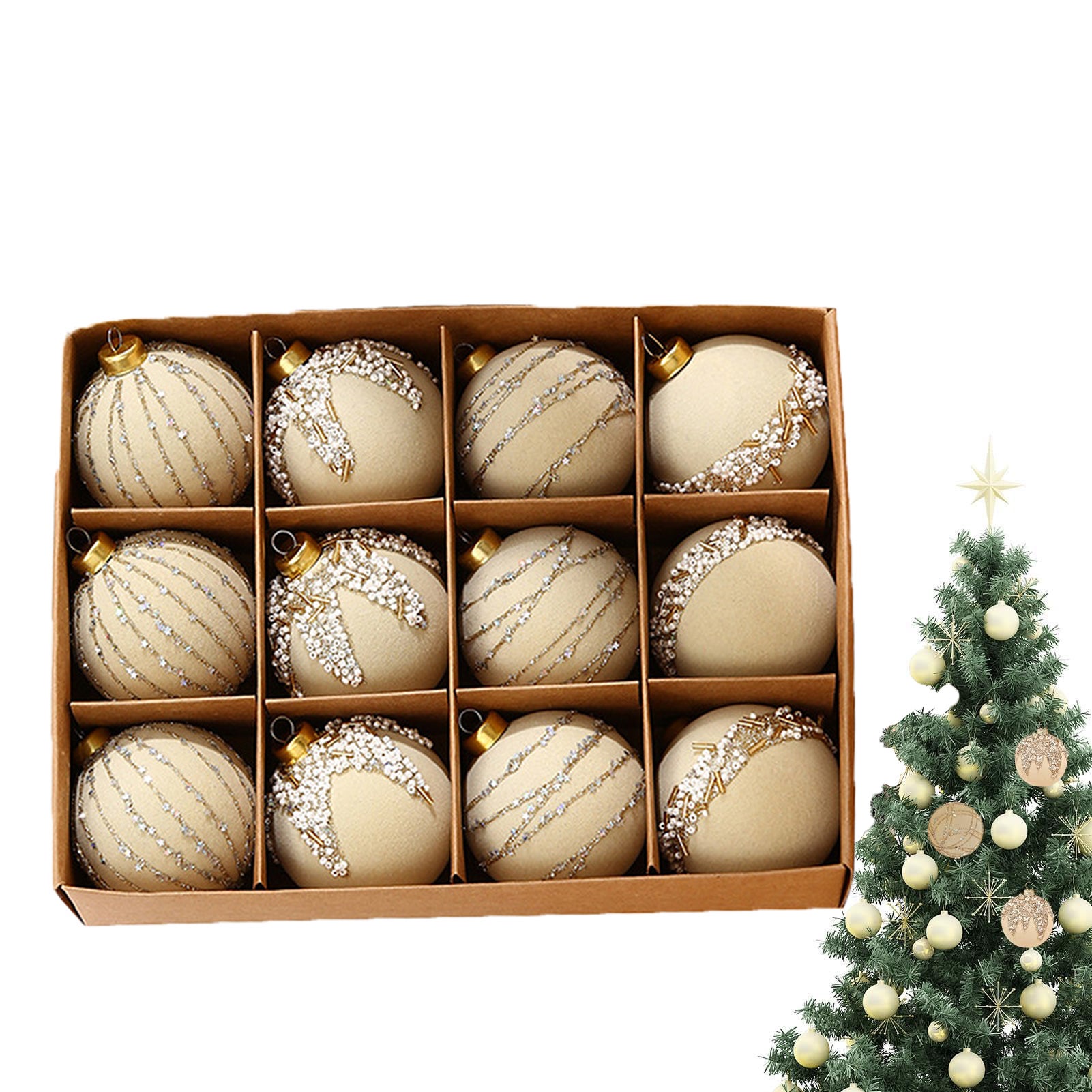 12 malowanych bombek choinkowych, białe flokowane bombki choinkowe o średnicy 6 cm, wiszące ozdoby na choinkę, dekoracje na choinkę, zestaw upominkowy