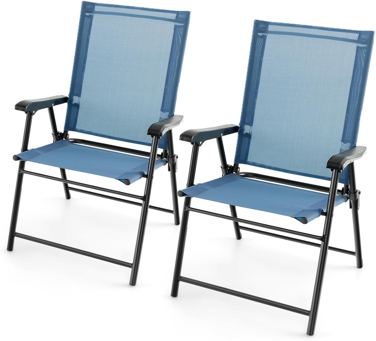 Zestaw 2 Składanych Krzeseł Ogrodowych z Podłokietnikami, Oddychającą Tkaniną i Solidną Metalową Ramą, Przenośne z Oparciem z Tkaniny (Niebieskie)