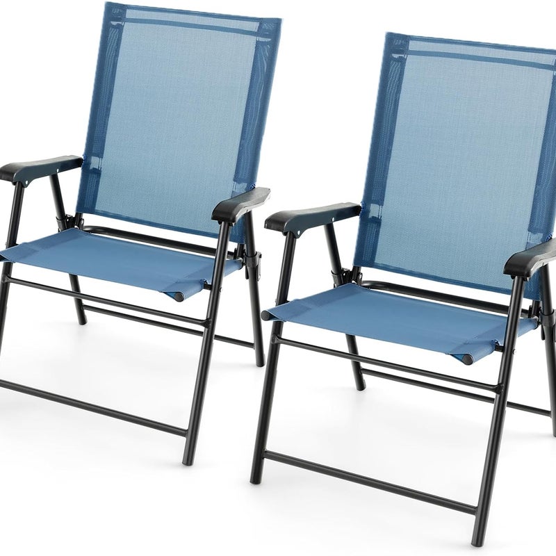 Zestaw 2 Składanych Krzeseł Ogrodowych z Podłokietnikami, Oddychającą Tkaniną i Solidną Metalową Ramą, Przenośne z Oparciem z Tkaniny (Niebieskie)