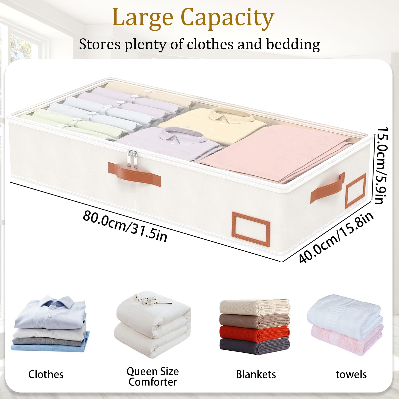 2 Pcs Bacs de Rangement Sous Le Lit, Sac à Vêtements Pliable, Fenêtre Transparent et Fermeture éclair, pour la Literie, 80x40x15cm, Beige - 3