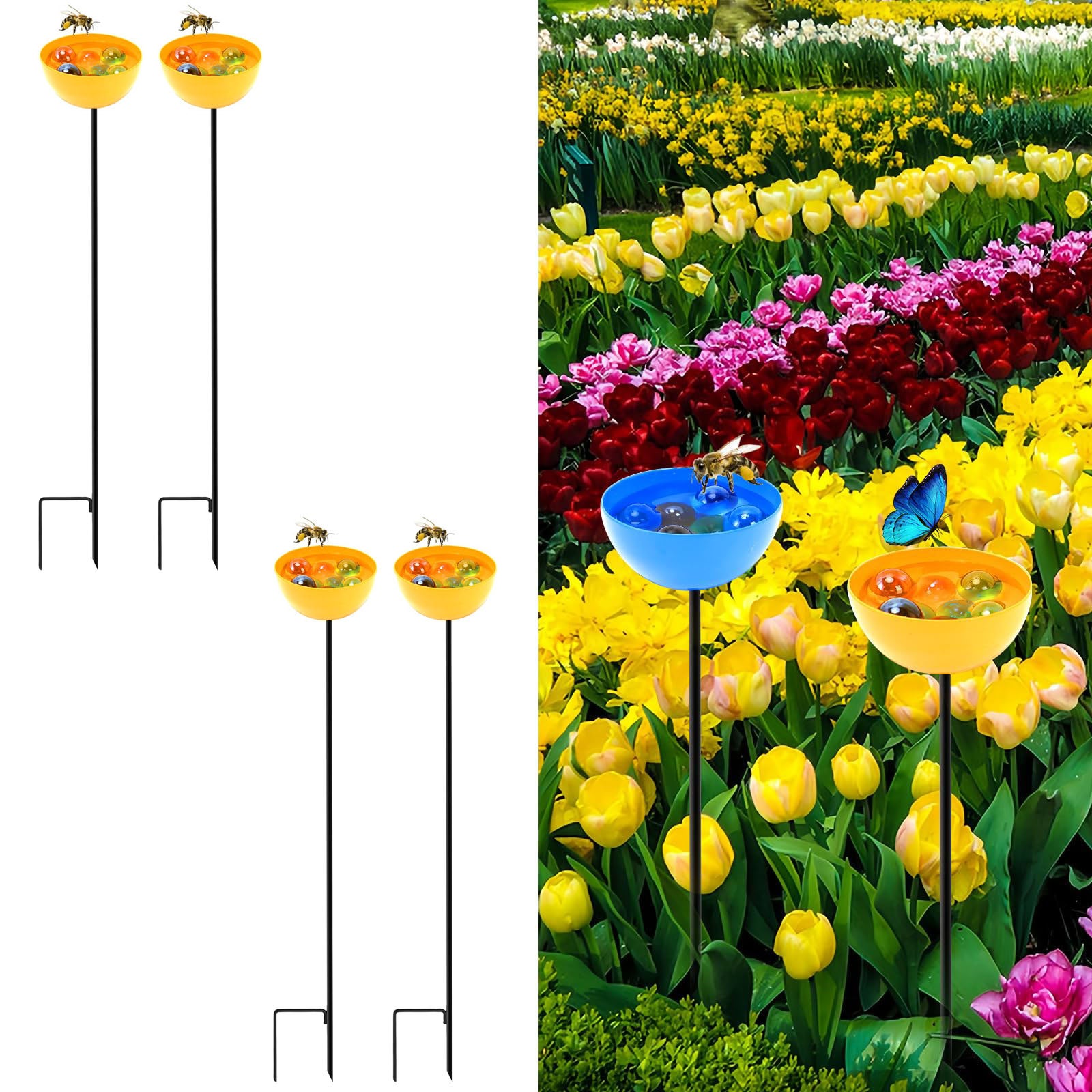 Żelazny karmnik dla ptaków na dziedziniec zewnętrzny, 4 sztuki, ozdobna dekoracja ogrodowa, wbijany w ziemię, półkole żółte, 65x8cm