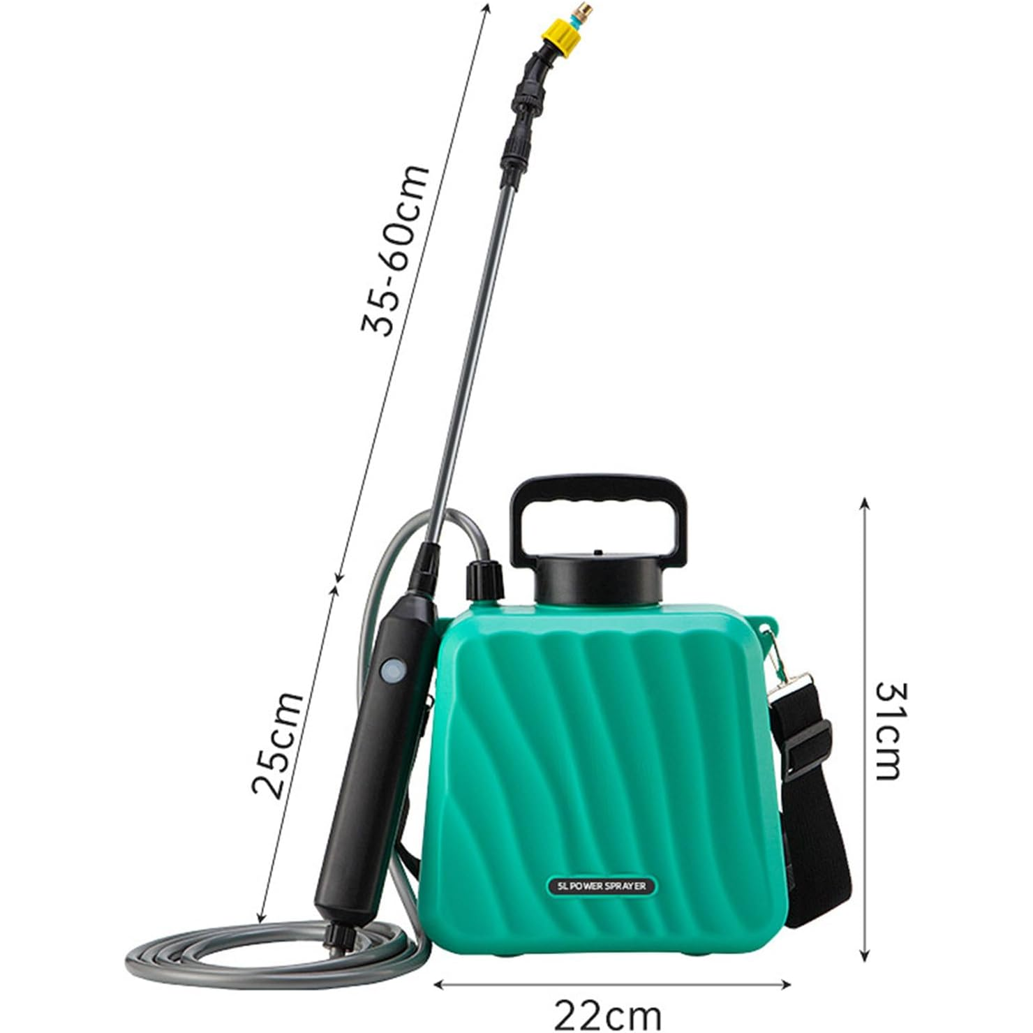 Spruzzatore elettrico da giardino da 5 litri, con 3 ugelli regolabili, tubo da 10 m e manico telescopico, spruzzatore ricaricabile tramite USB, bianco - 5