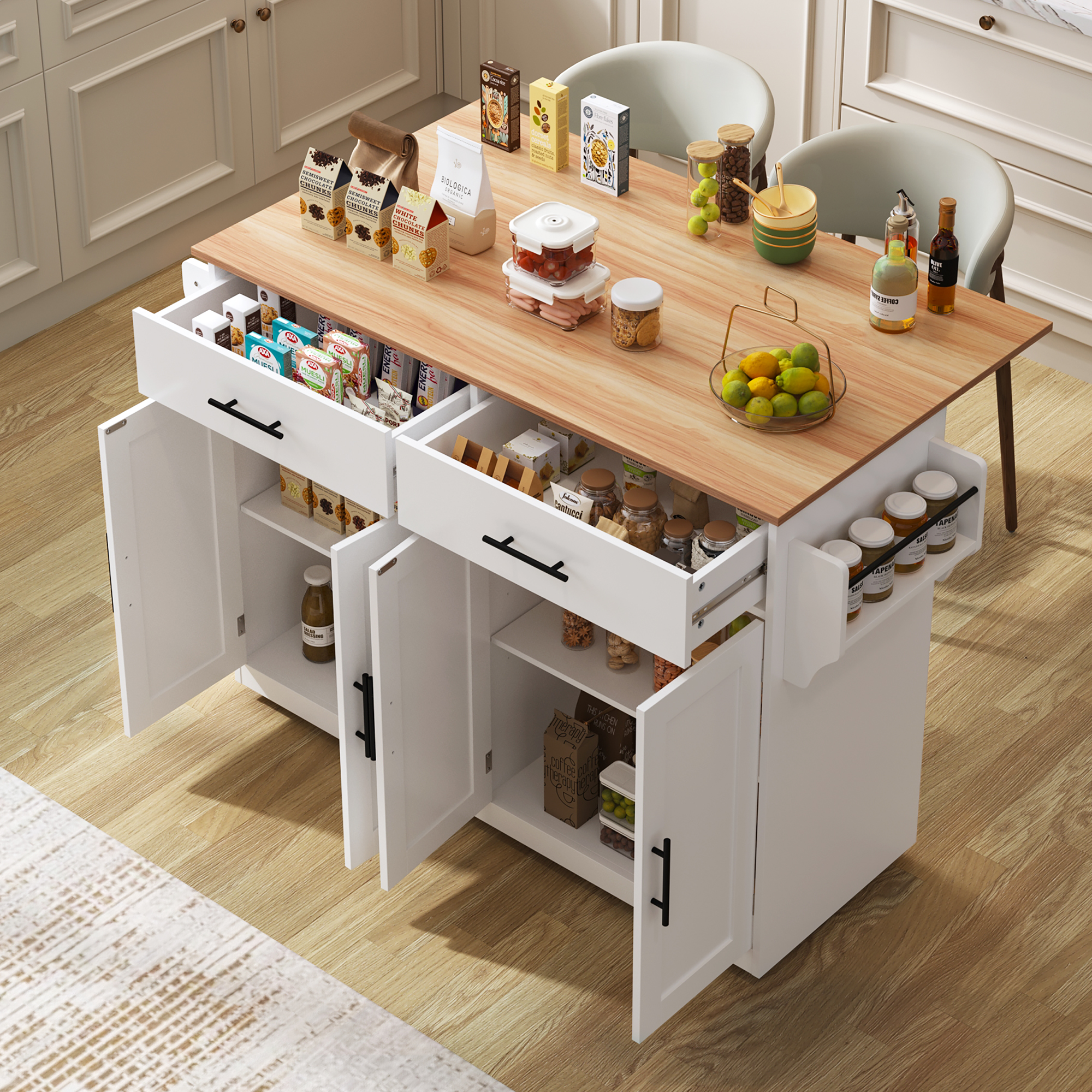 Carro con tablero abatible,isla cocina con ruedas, 120 x 46x 91 cm, mueble auxiliar de cocina, ideal para la cocina y el comedor,blancoo