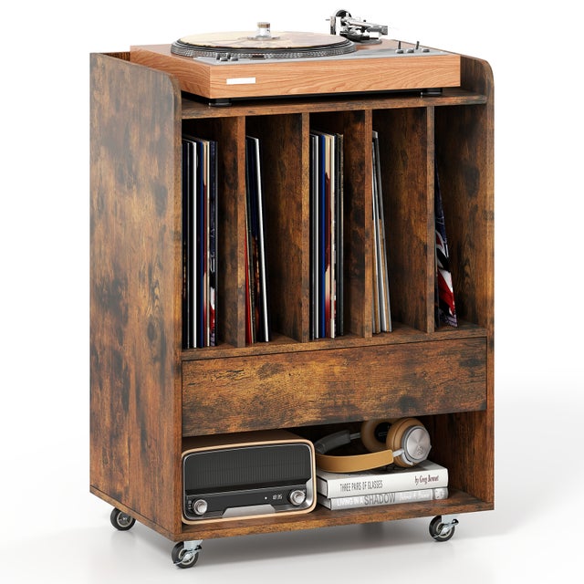 Meuble Platine Vinyle avec 5 Séparateurs, Tiroir, Étagère, Roulettes Verrouillables, Pouvant Accueillir jusqu'à 150 Albums, 52 x 35,5 x 73 cm, Marron