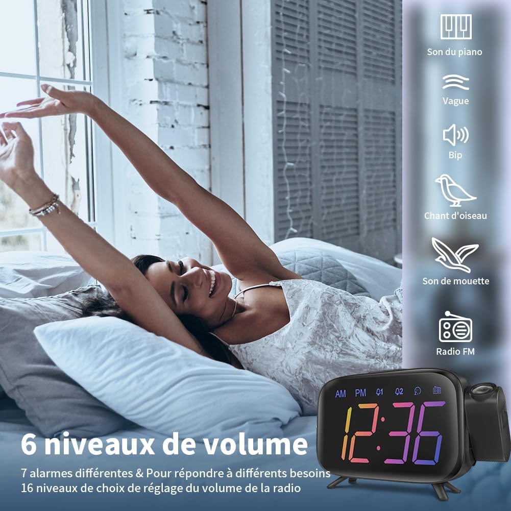 Radio Reveil Projection Plafond Réveil Radio FM avec Double Alarme Reveille Numerique Couleur, 12/24H, 3 Niveaux de Luminosité, Port de Char - 4