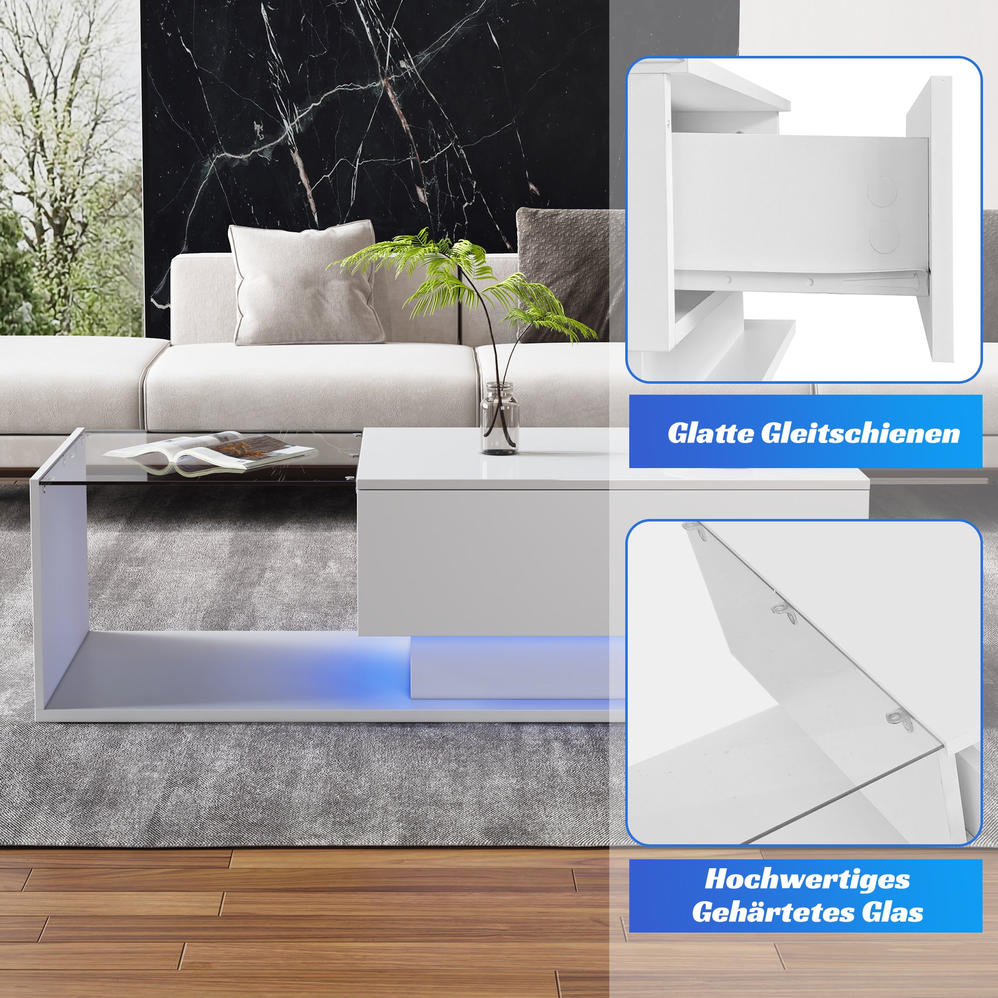 Table basse avec grand tiroir - 100x50x32 cm - LEDs - plateau en verre - Panneaux de particules - Blanc brillant - 6